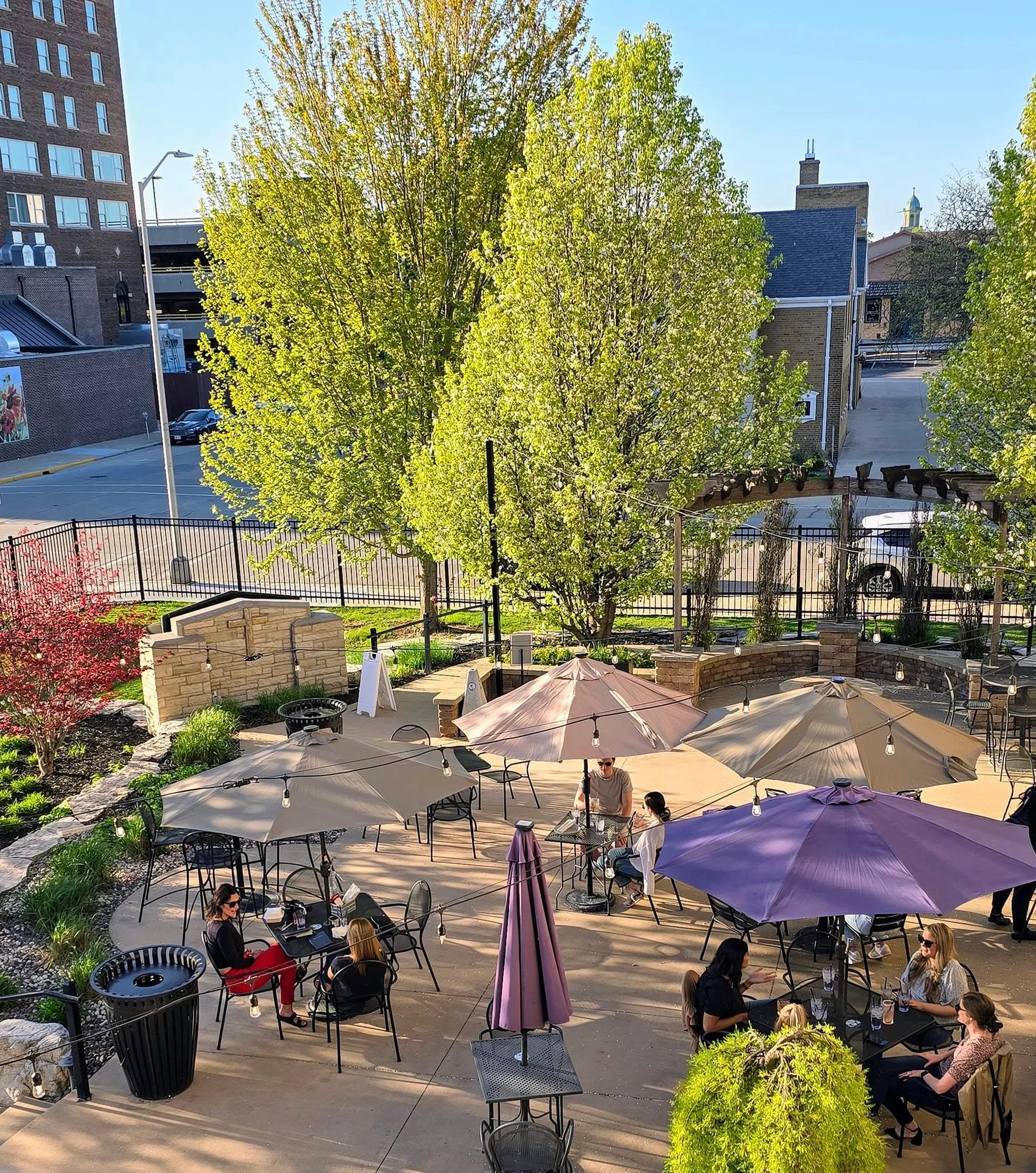 Outdoor dining area with umbrellas and greenery