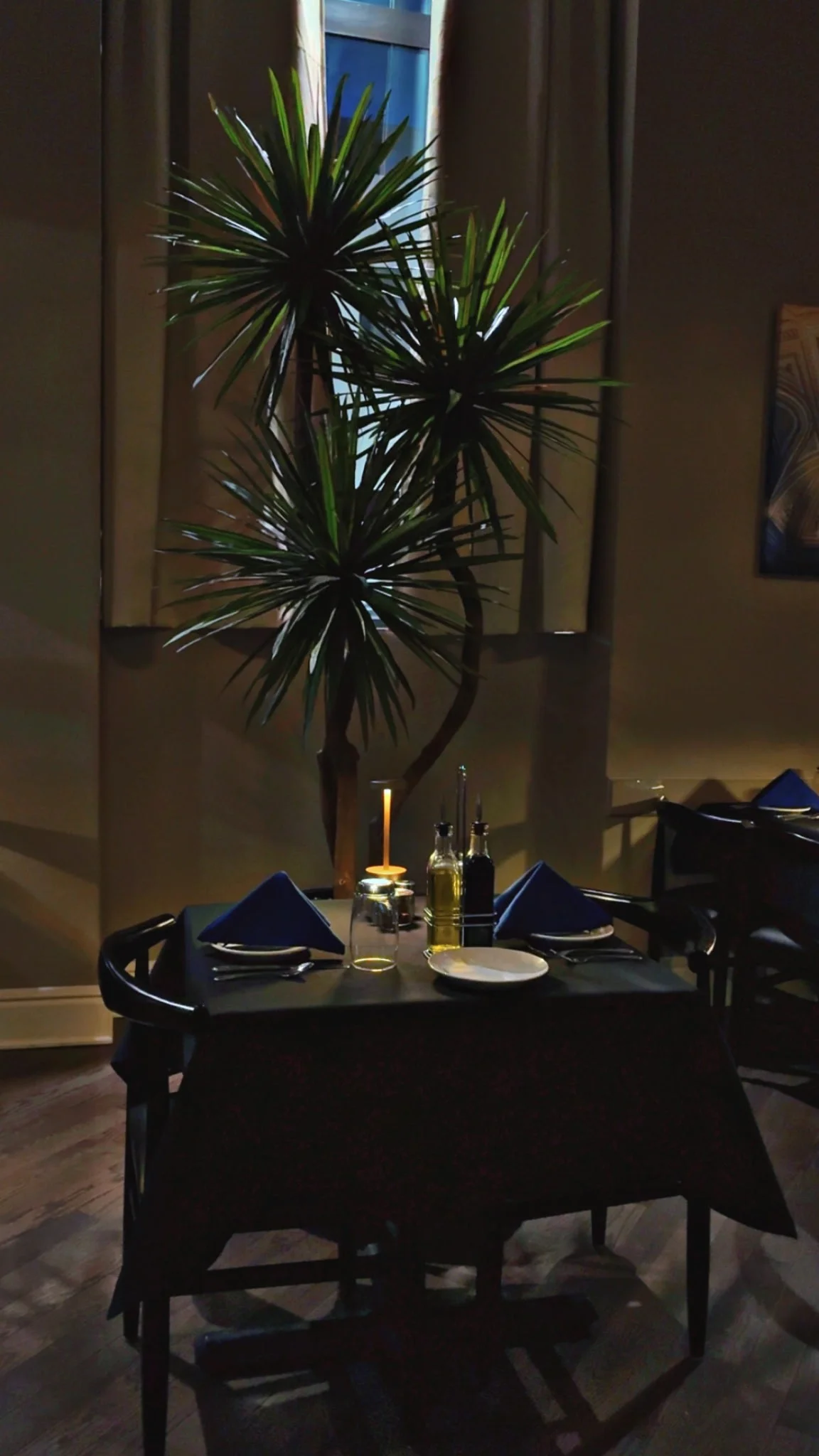 Cozy restaurant interior with candlelit table and tropical plant