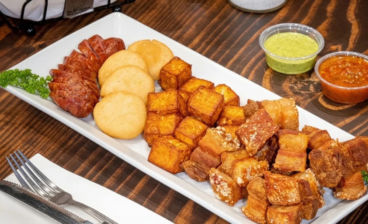 Plate of Nigerian puff-puff, plantains, and spicy sausage