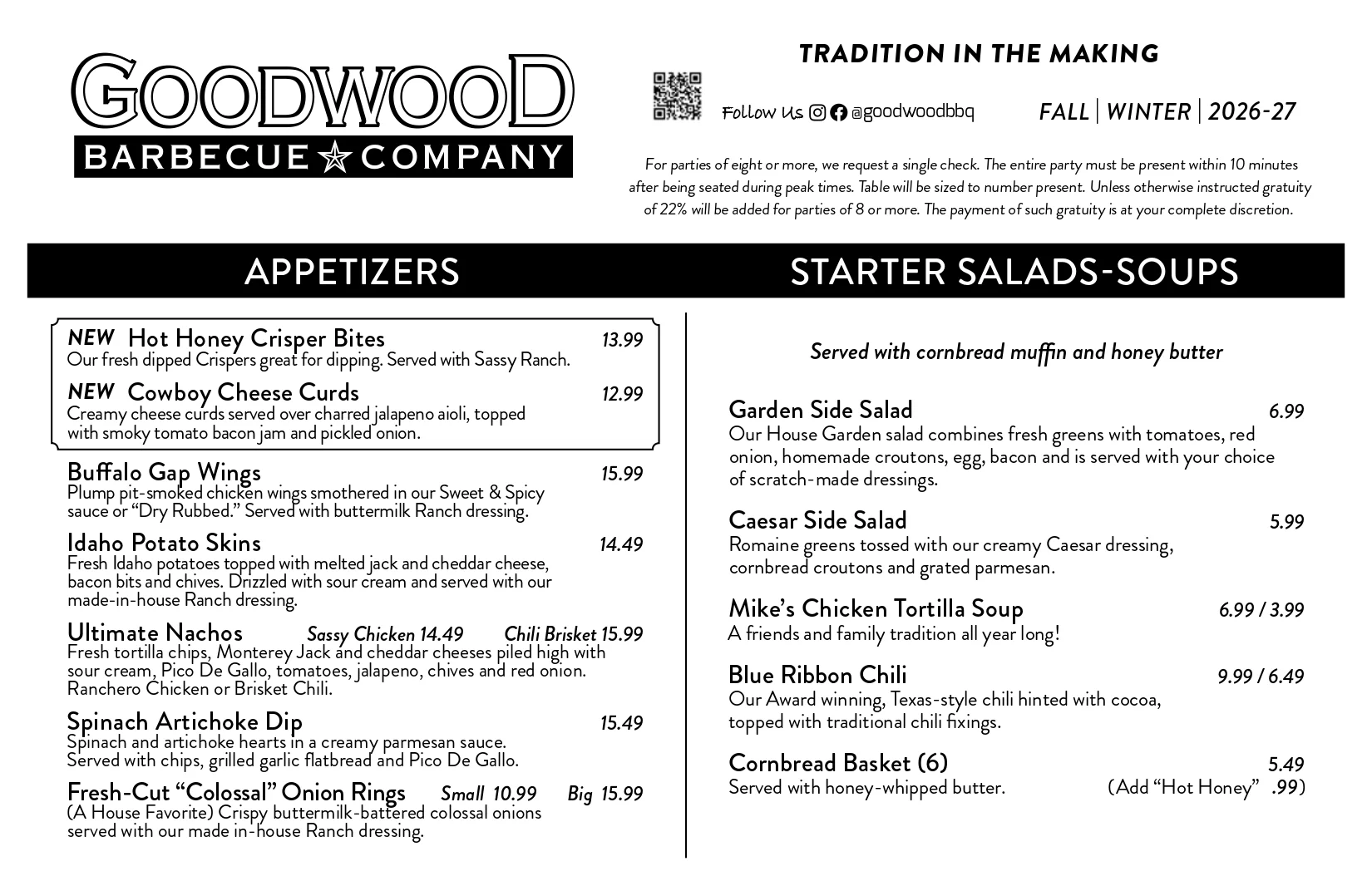 Goodwood Barbecue Company restaurant menu with barbecue platters and smoked meats