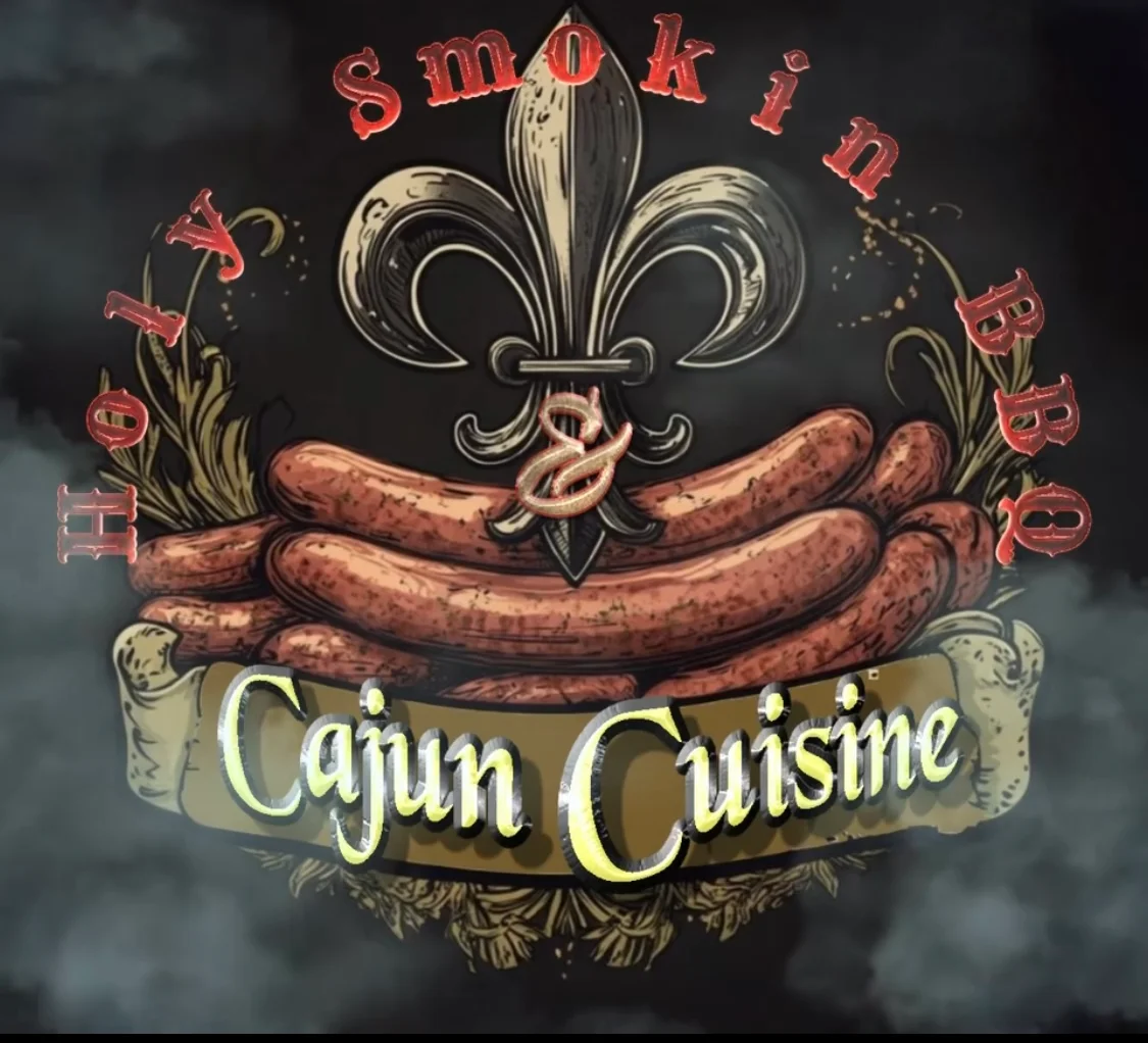 Logo for Holy Smokin BBQ & Cajun Cuisine featuring sausages