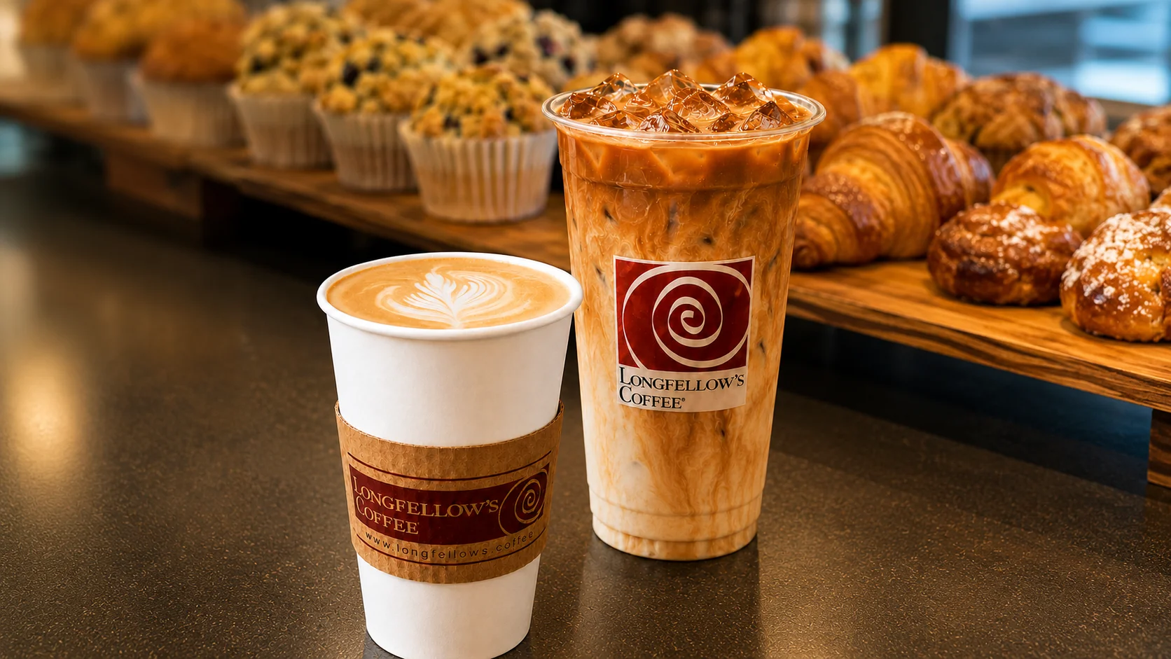 Artisan coffee drinks with pastries in a cozy café setting