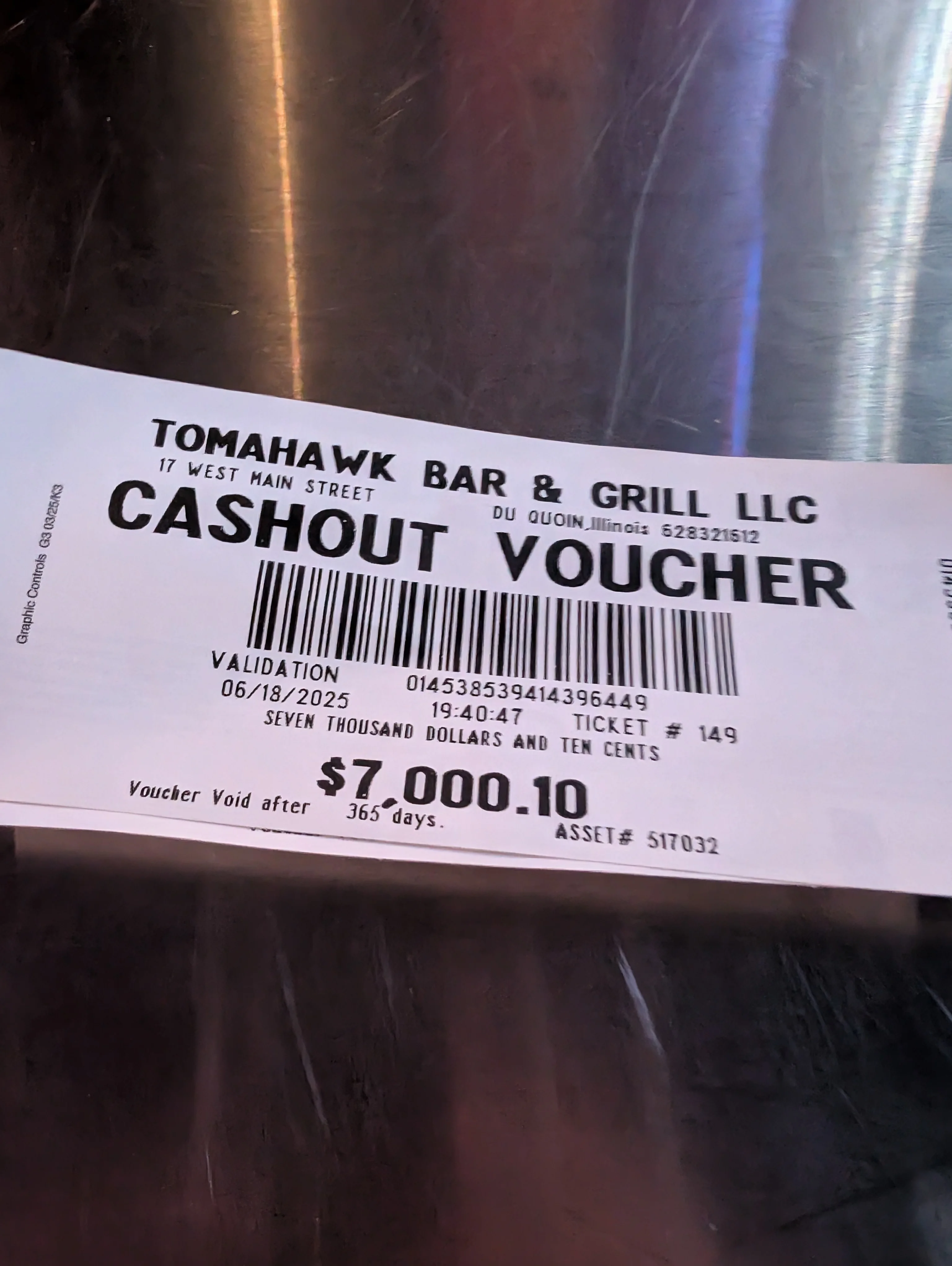 Cashout voucher from Tomahawk Bar & Grill