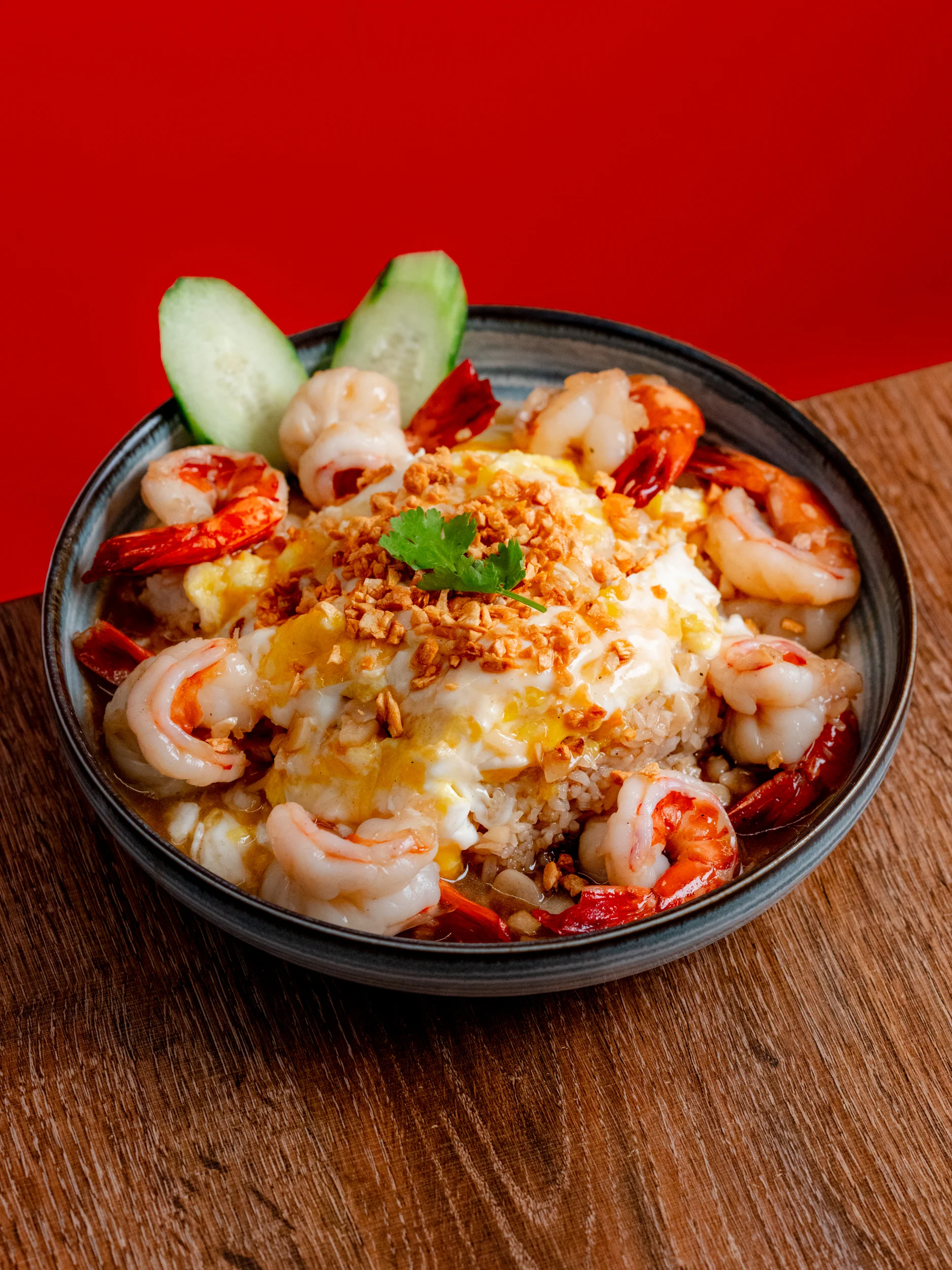 Thai shrimp fried rice with egg and crispy garlic