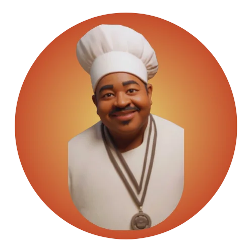 Animated chef character with a medal and chef hat