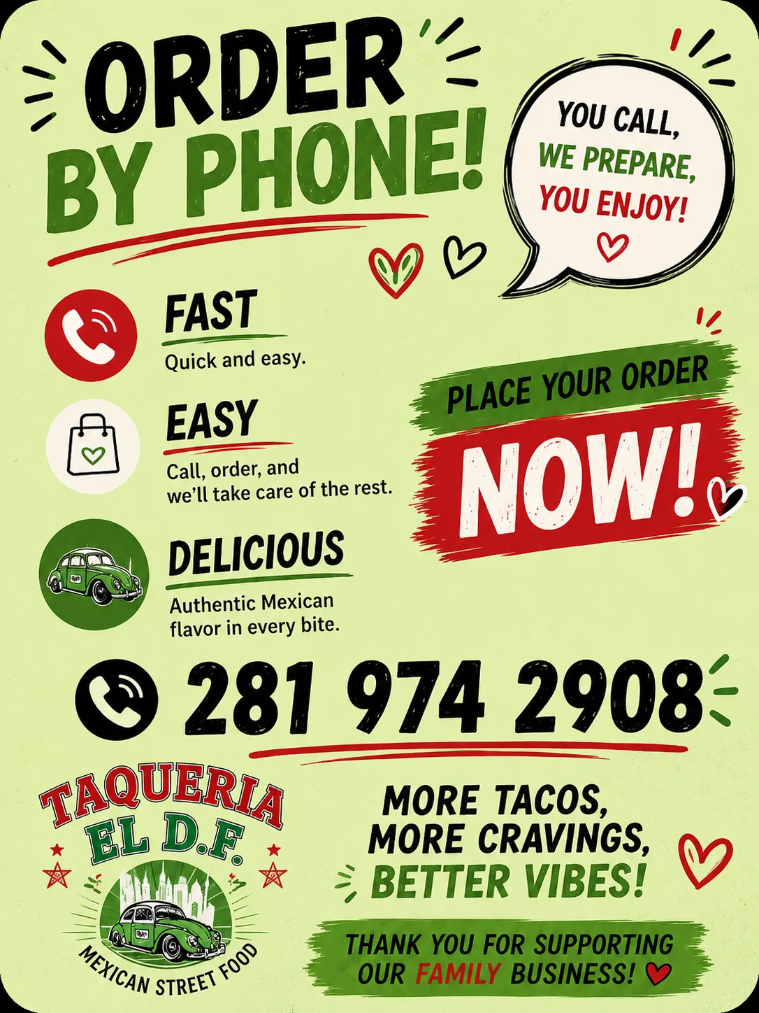 Order by phone for authentic Mexican cuisine