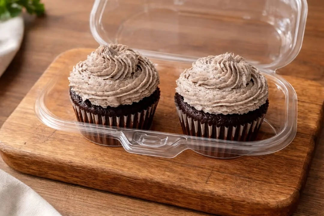 Two chocolate cupcakes with swirled frosting in a clear plastic container atop a wooden surface.