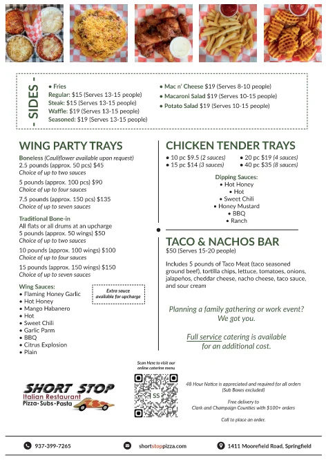 Catering menu featuring chicken tenders and party trays