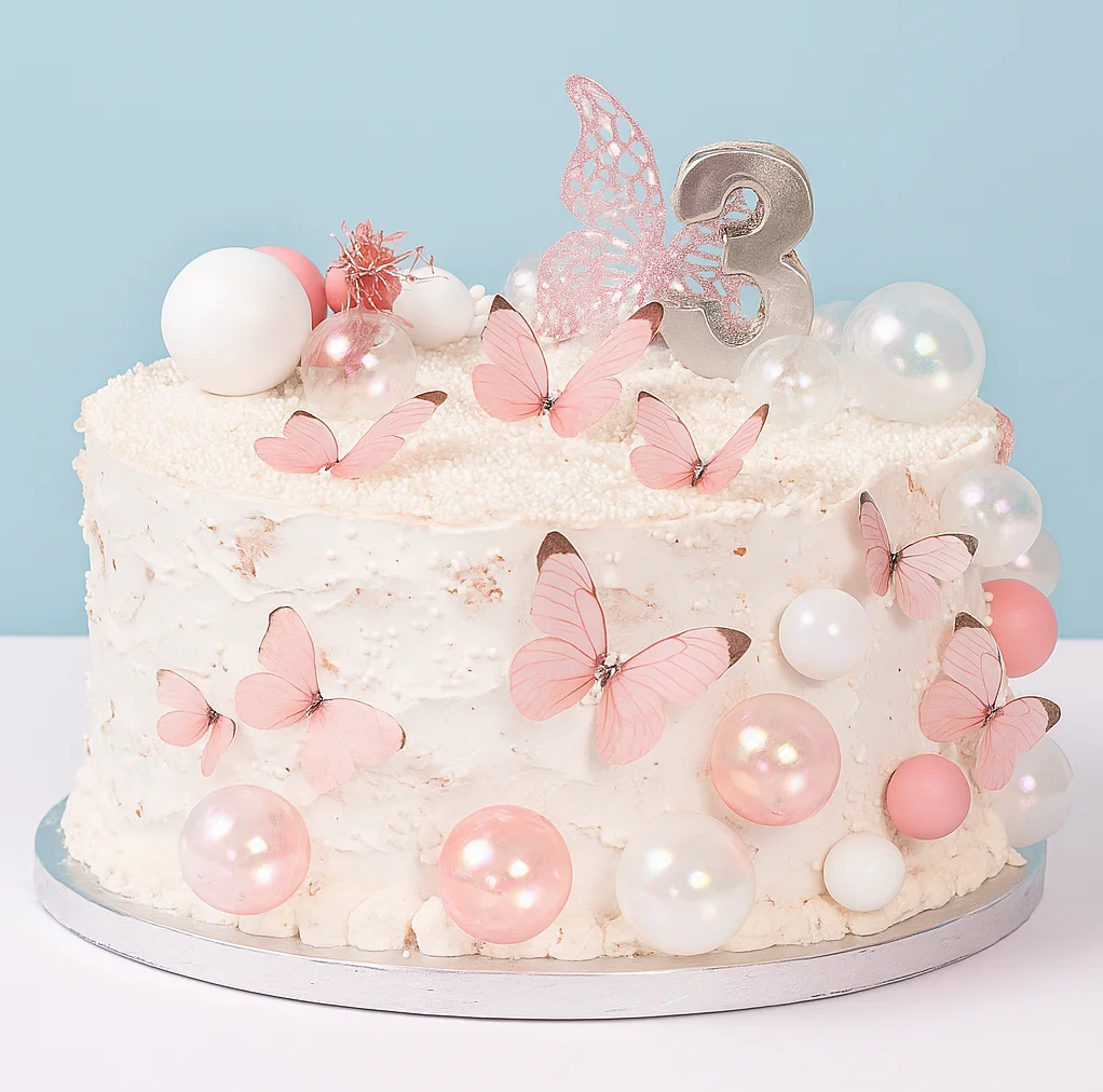 Decorative birthday cake with butterflies and pearls