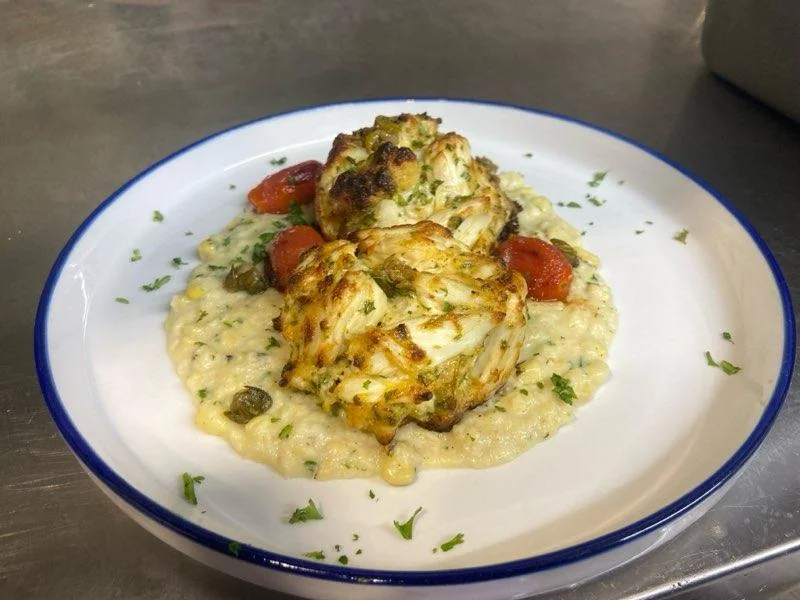Crab Cakes on Roasted Corn Puree
