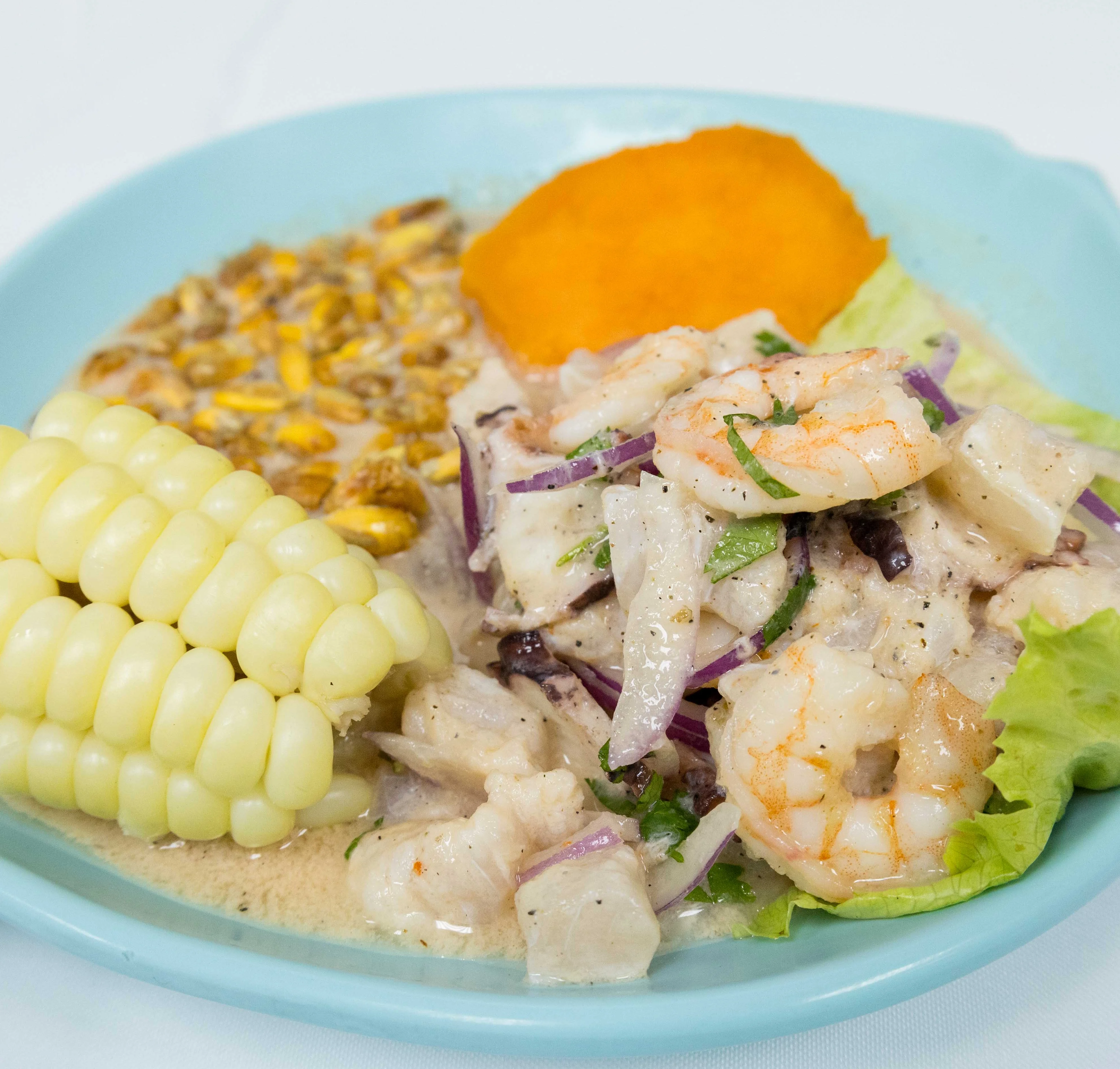 Peruvian ceviche with shrimp and corn