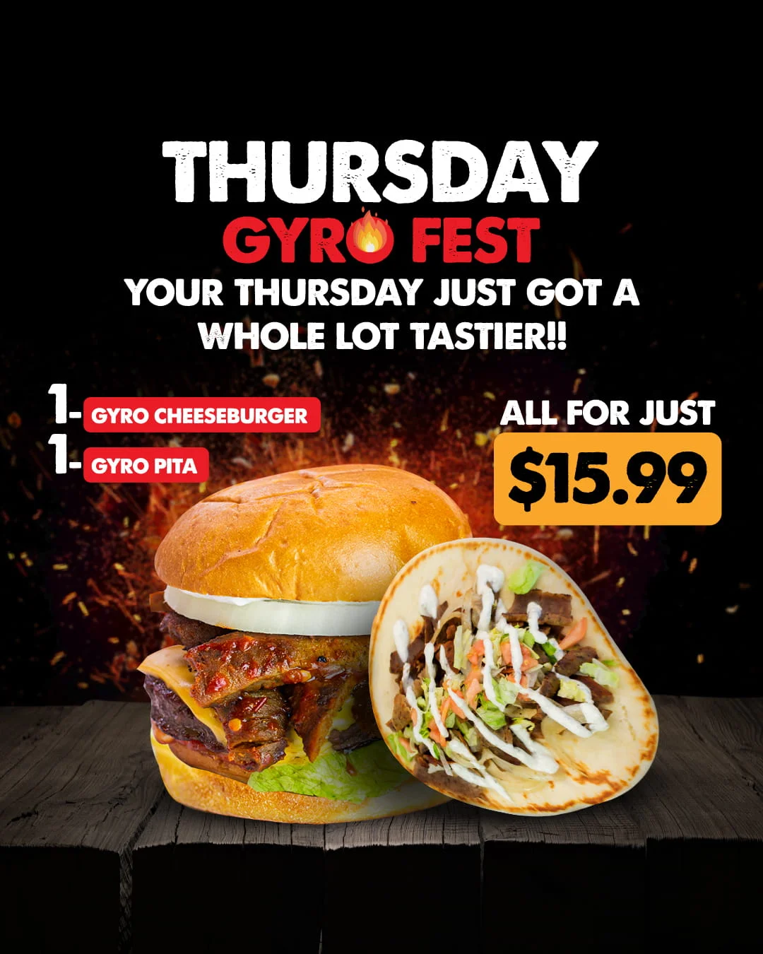 Promotional image for Gyro Fest featuring a gyro cheeseburger and gyro pita.