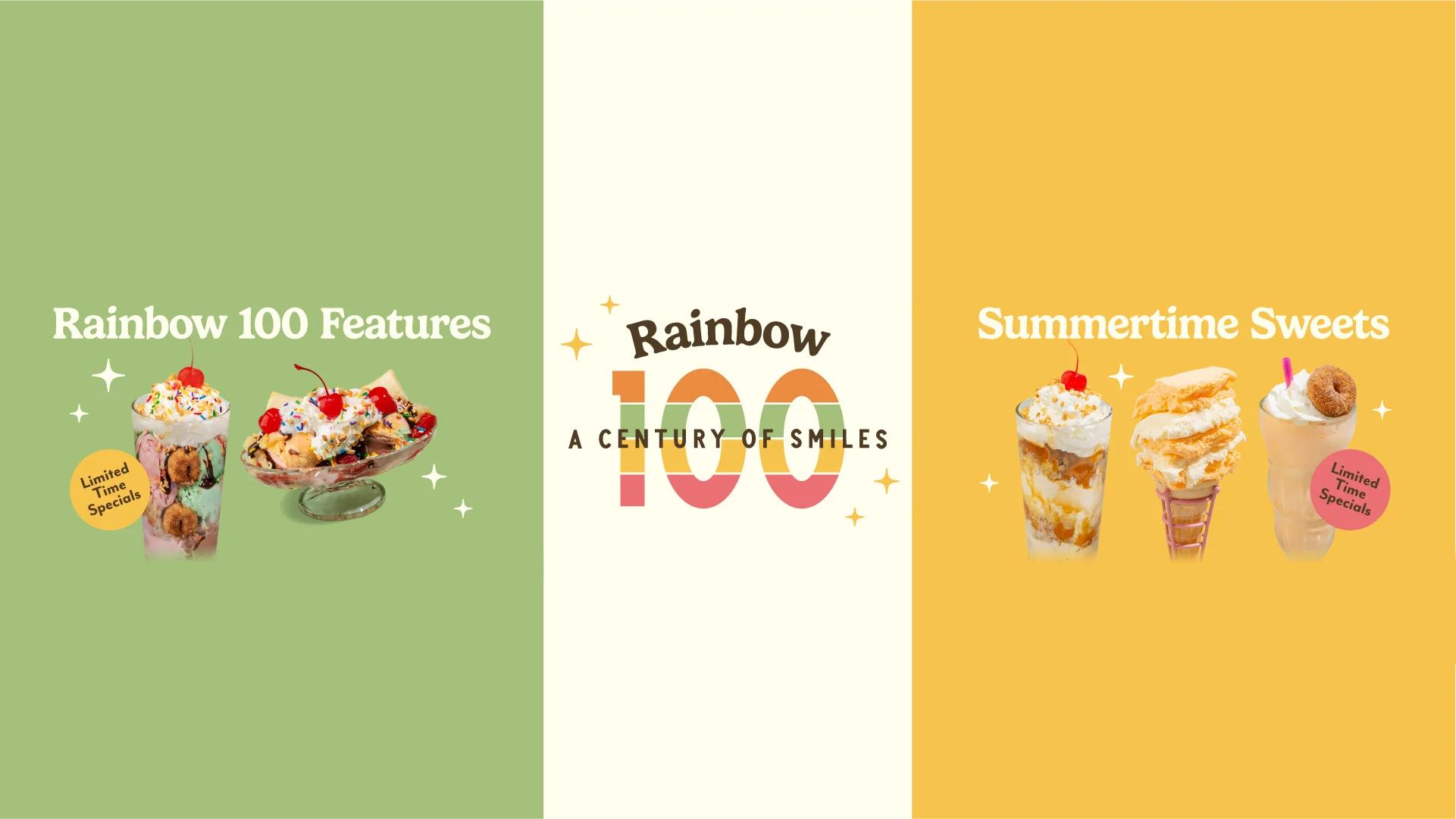 Colorful summer dessert specials with ice cream and milkshake