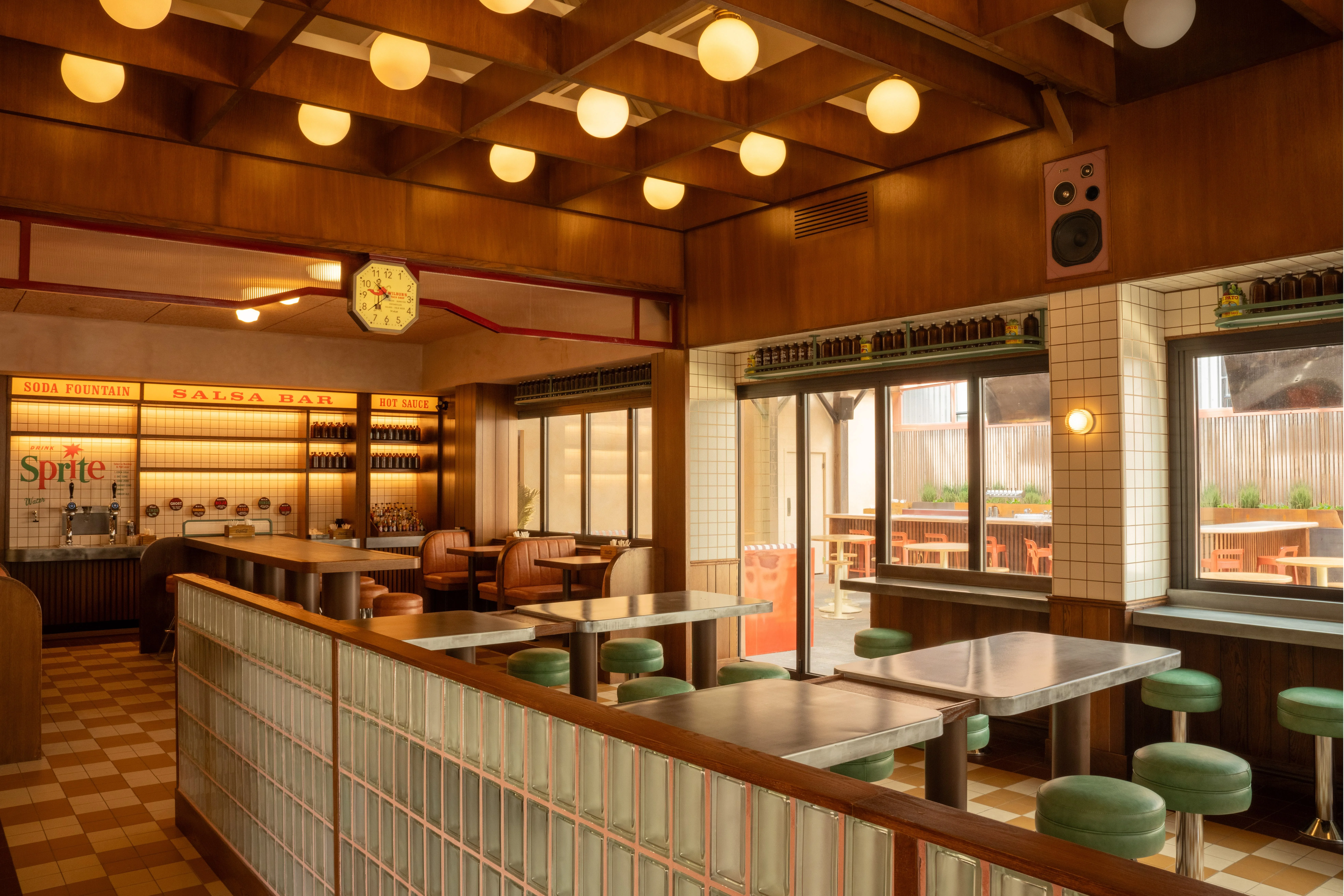 Modern restaurant interior with vibrant decor and seating