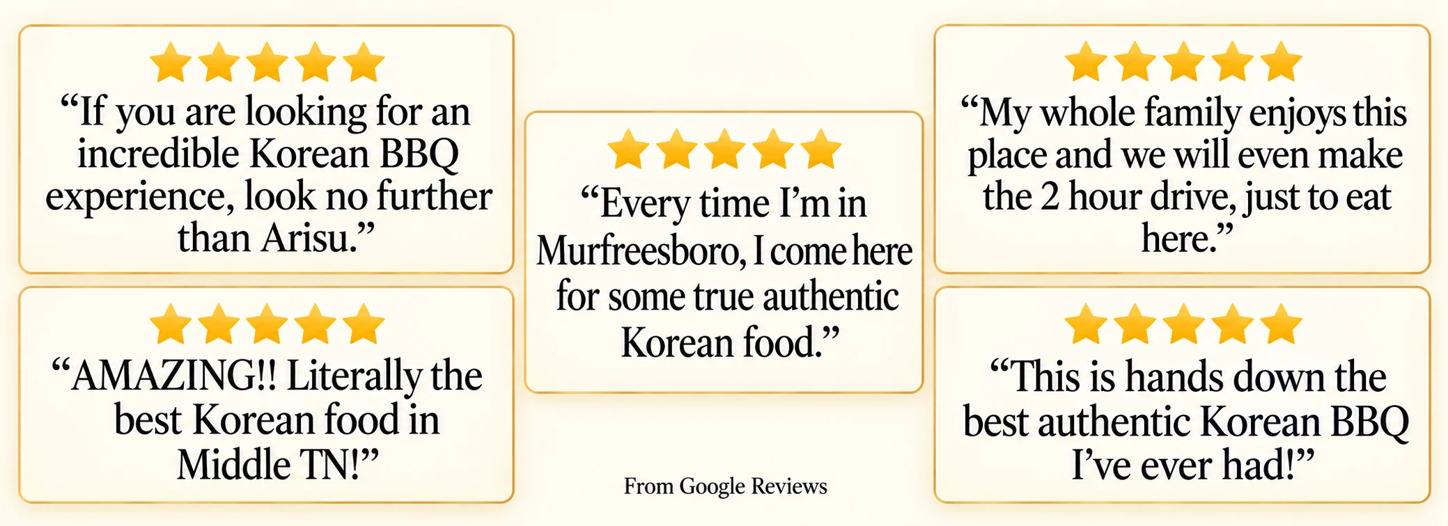Korean BBQ restaurant review graphic with five-star testimonials
