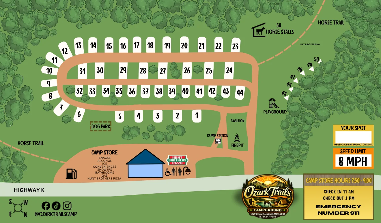Map of Ozark Trails Campground showing sites, amenities, and layout.