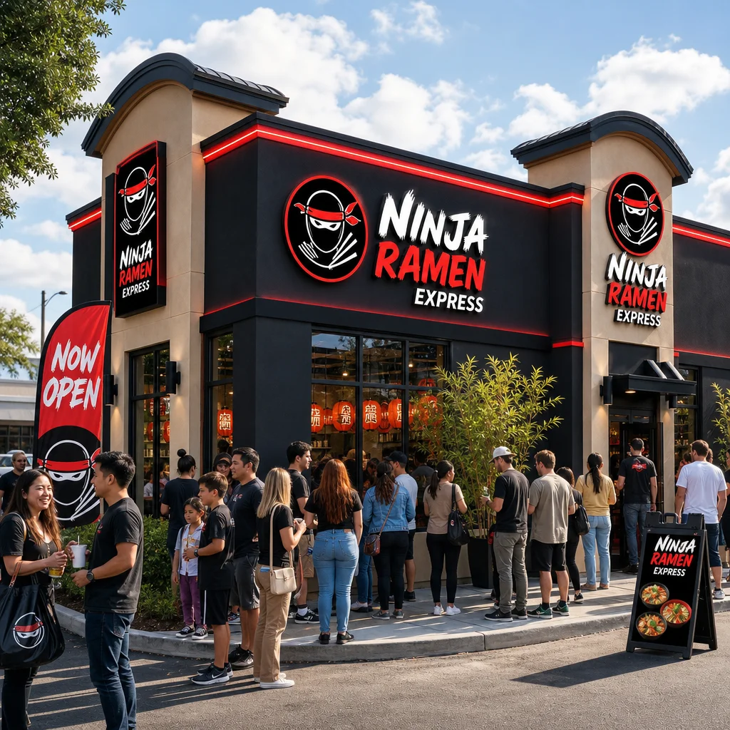 Ninja Ramen Express restaurant with a crowd outside