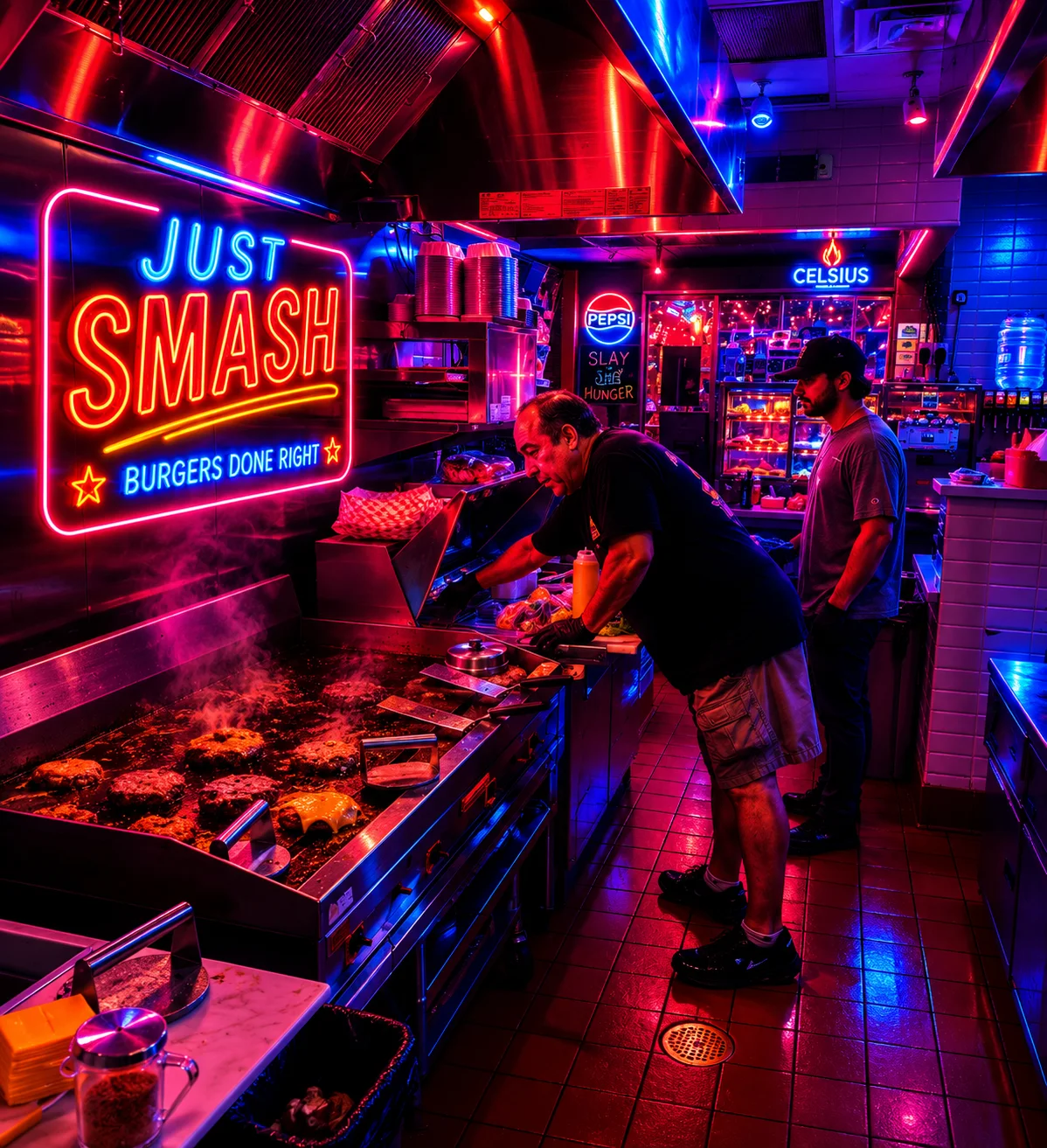 Vibrant burger kitchen with neon lights and sizzling patties
