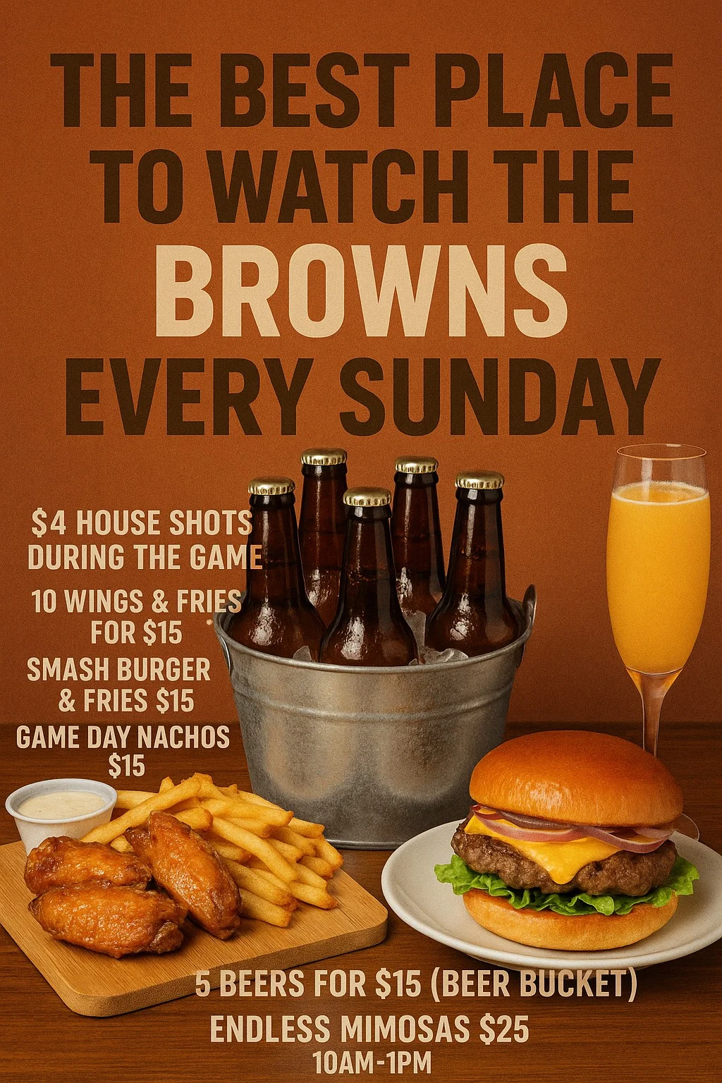 Browns & Brunch at Flight Social Cleveland – Best place to watch the Browns every Sunday with $4 house shots, 10 Wings & Fries for $15, Smash Burger & Fries for $15, Game Day Nachos $15, Beer Buckets 5 for $15, and Endless Mimosas from (10am–1pm).