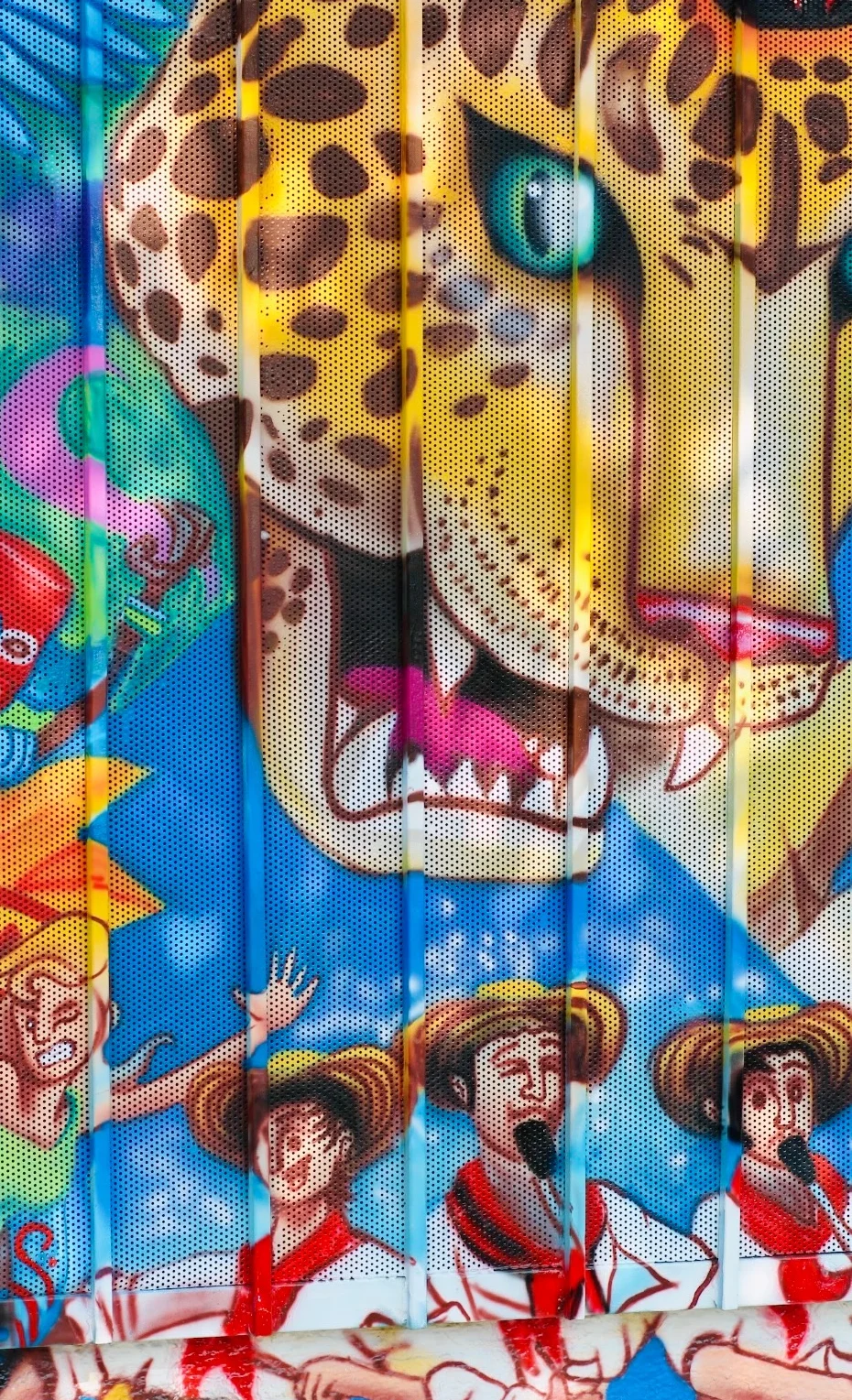 Vibrant mural featuring a leopard and festive characters
