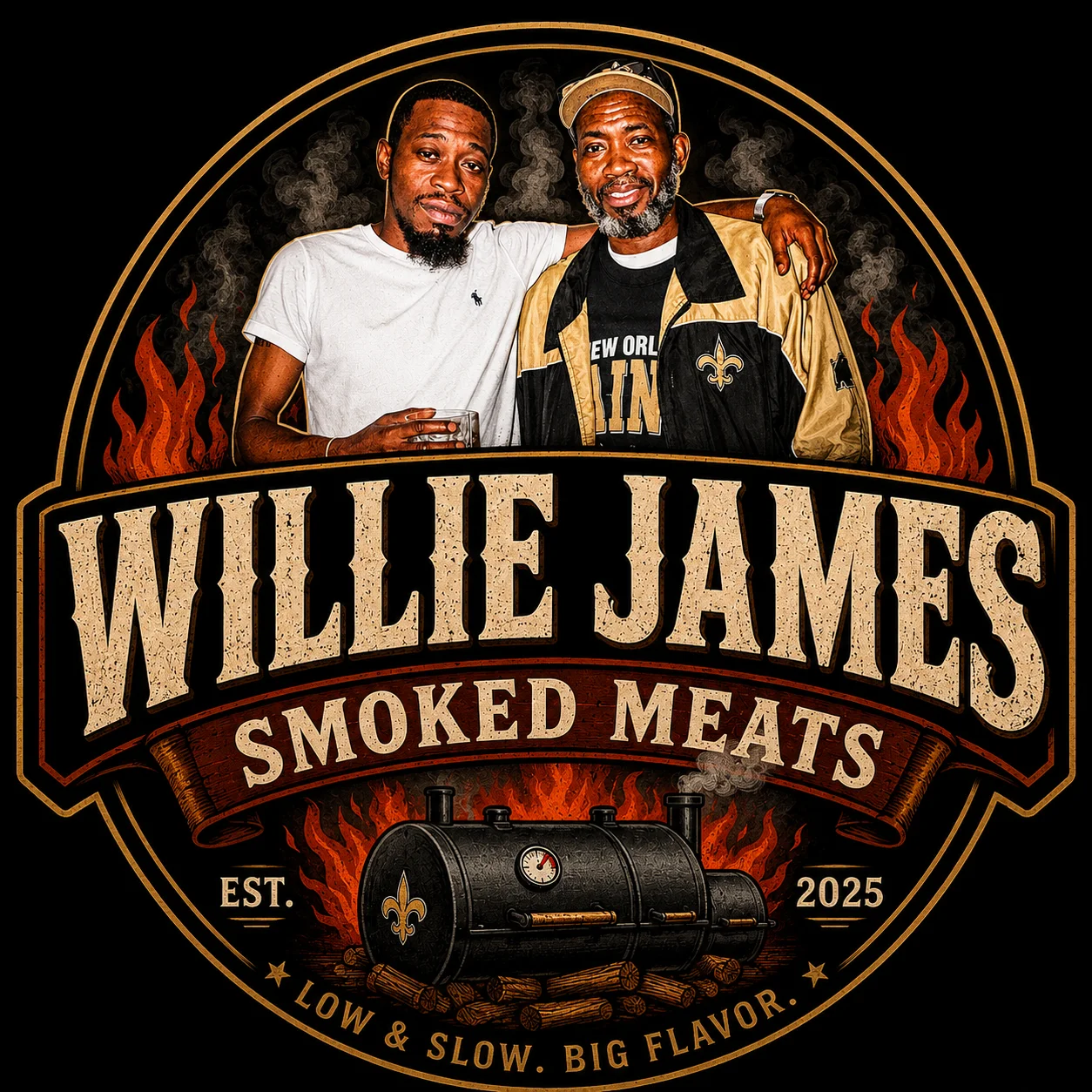 Logo for Willie James Smoked Meats featuring a barbecue theme