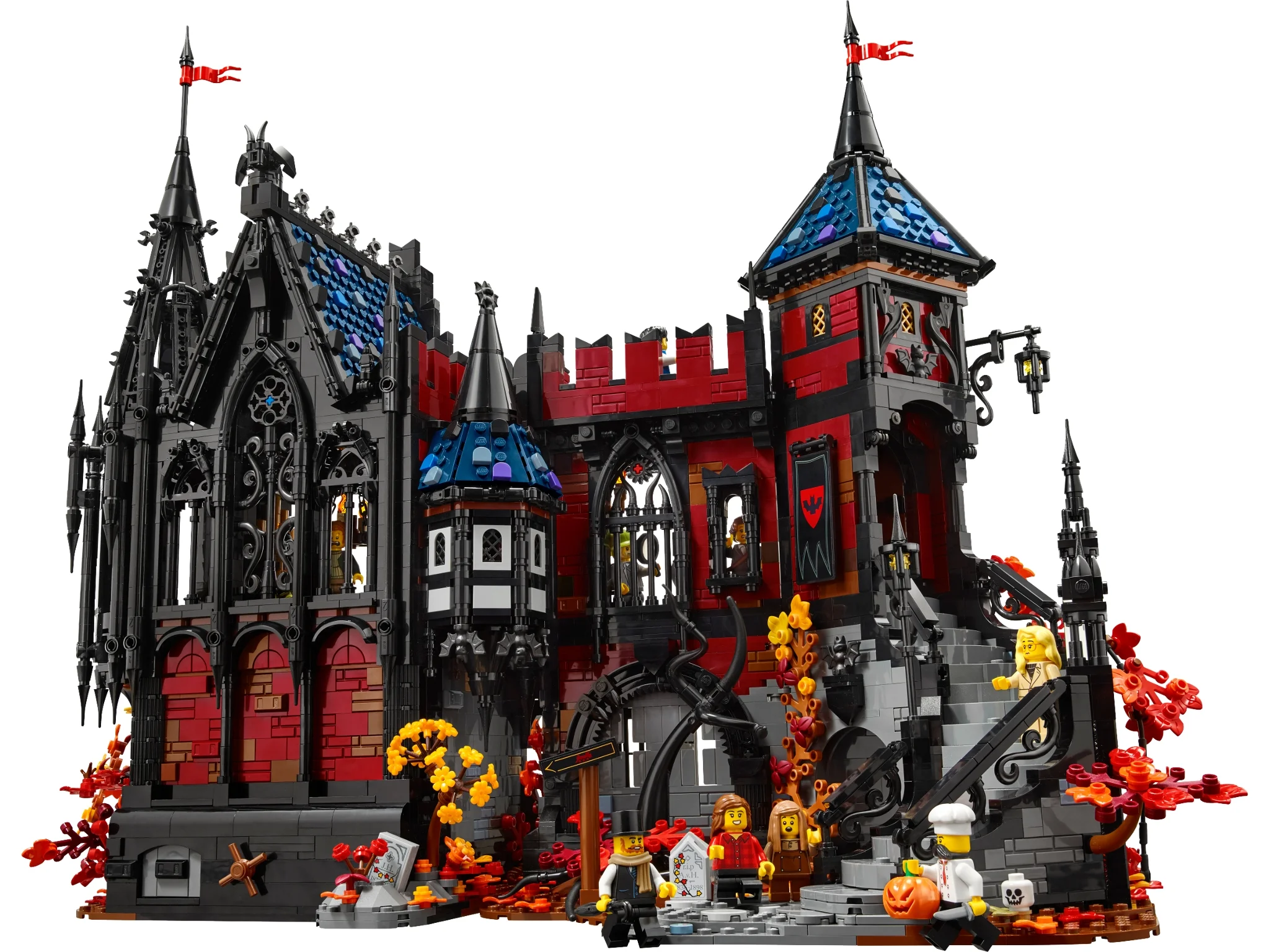 Intricate LEGO haunted castle with autumn decor and minifigures