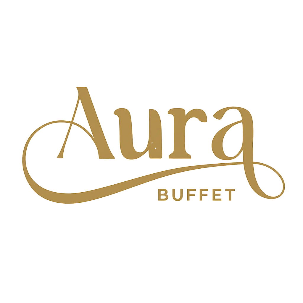 Aura Buffet restaurant logo in elegant font with a warm glow.