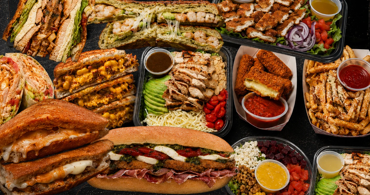 Variety of gourmet sandwiches and salads in a vibrant display