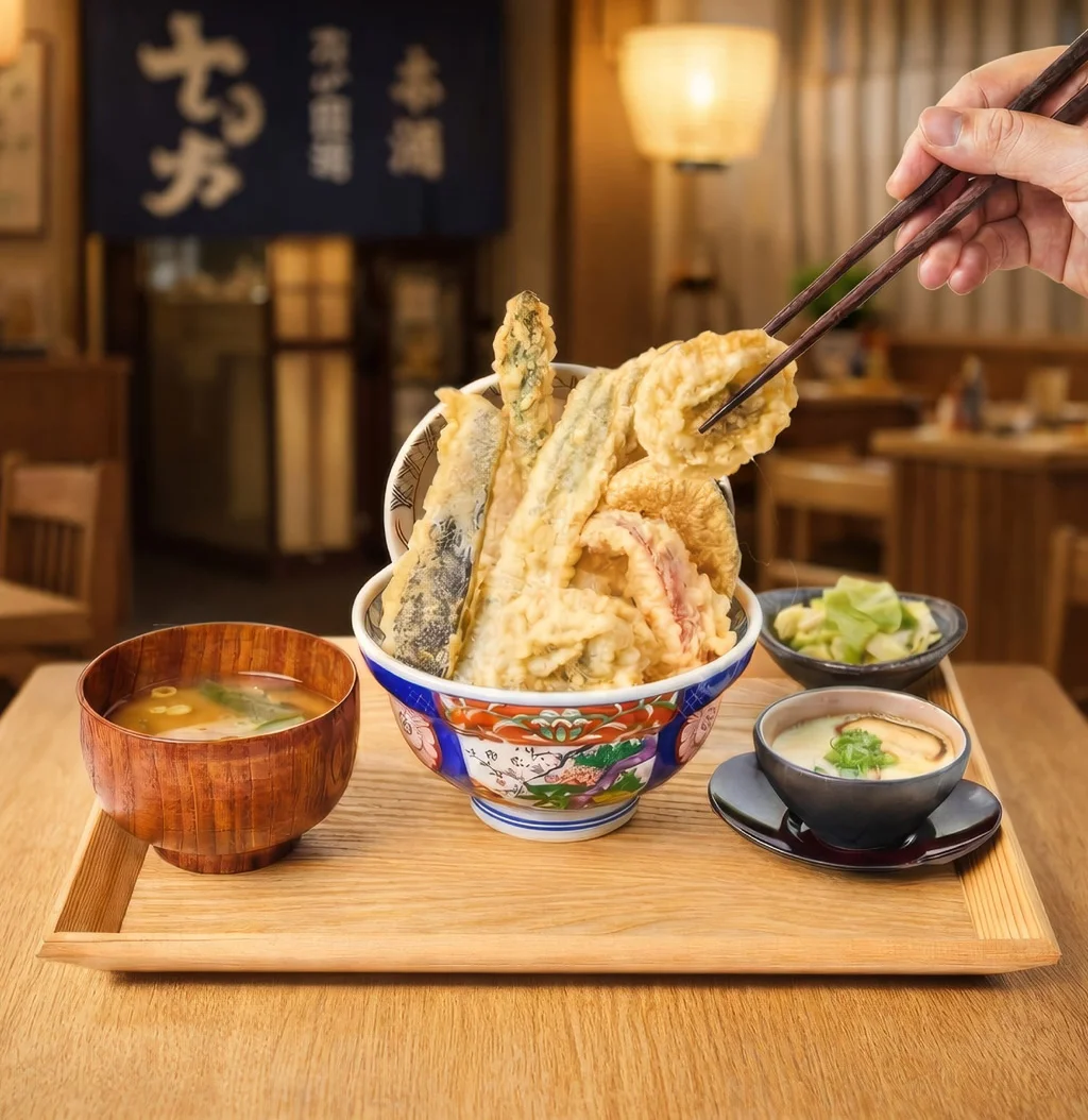 A hand lifting a crispy, golden piece of tempura with chopsticks from a massive bowl  with assorted fried seafood and vegetables. The set meal is arranged on a wooden tray, accompanied by side dishes of hot miso soup, steamed egg custard, and a side dish.