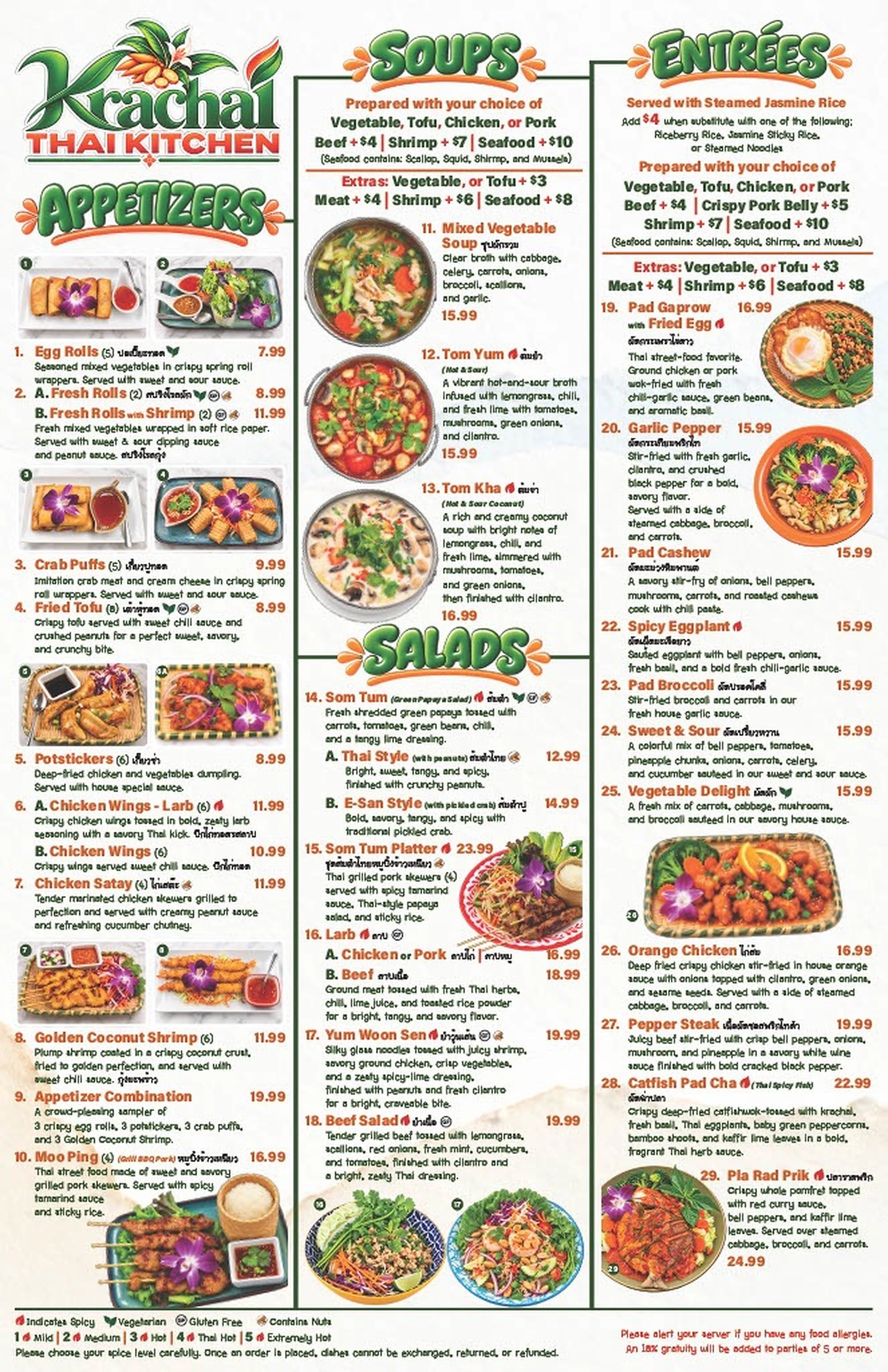 Thai restaurant menu featuring appetizers, soups, entrees, salads, and plated dishes