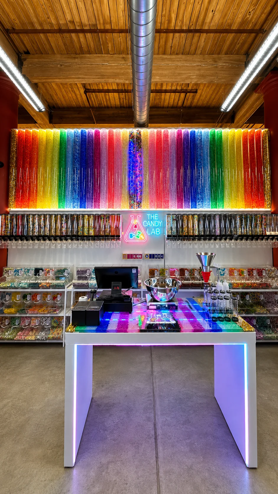 Full-service Candy Lab bulk candy wall and custom mix counter