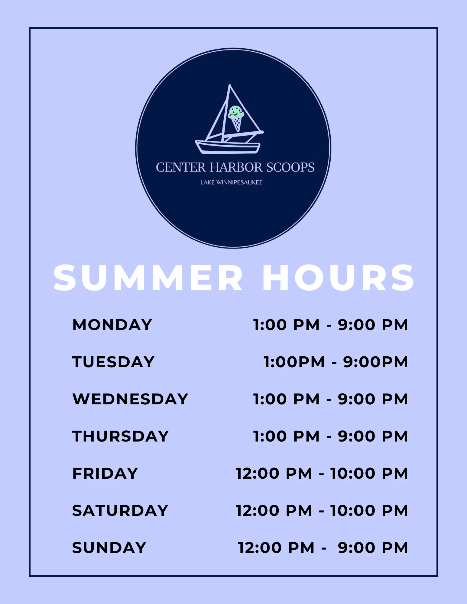 Center Harbor Scoops soft opening hours and free toppings announcement.