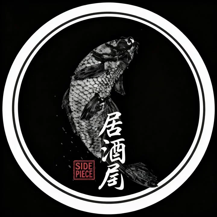 A stylized black and white illustration of a fish, enclosed in a circular design with text underneath.
