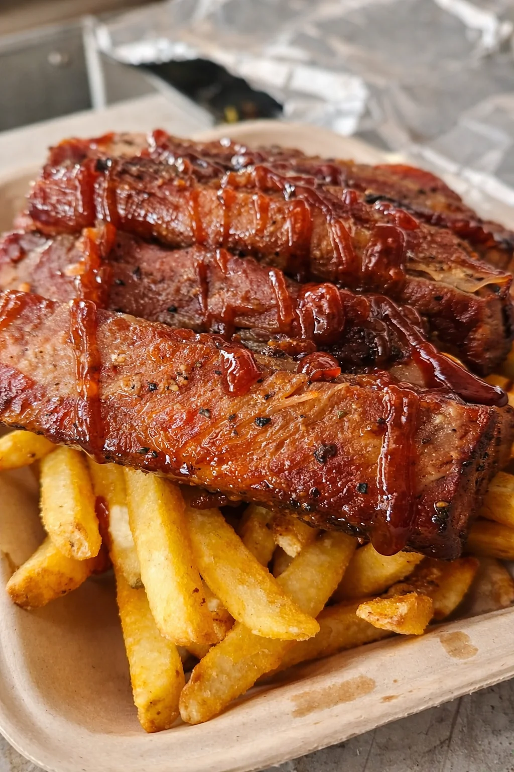 A serving of ribs coated in barbecue sauce, served over a bed of golden French fries.