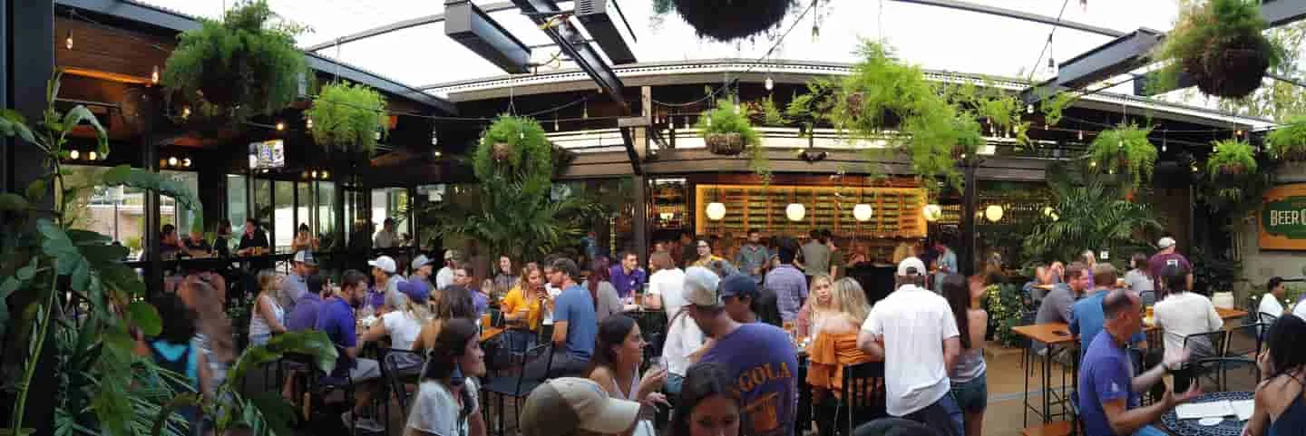 Lively restaurant interior with greenery and patrons enjoying their meals