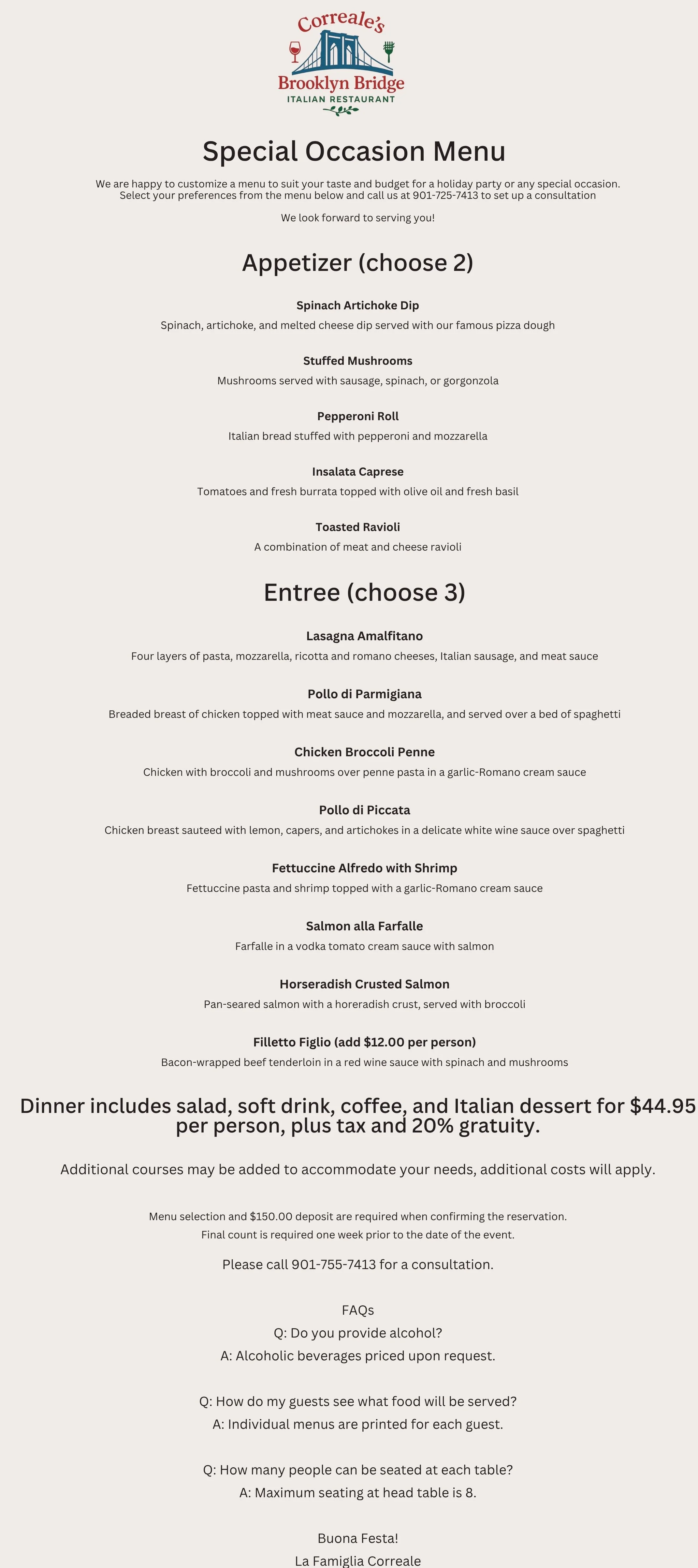 Special occasion menu featuring Italian cuisine