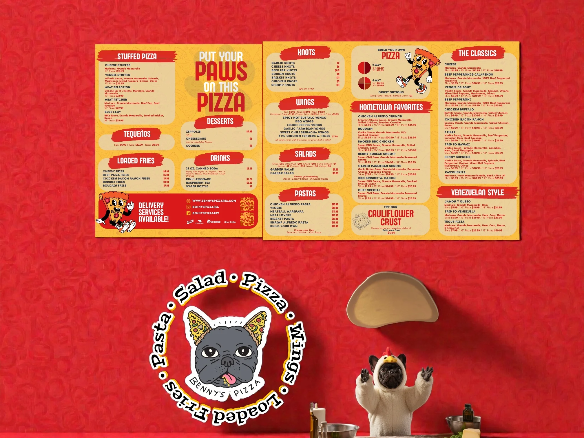 Colorful pizza menu featuring various styles and dishes