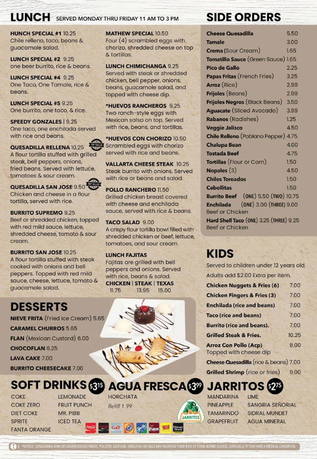 Colorful Mexican lunch menu featuring tacos and burritos