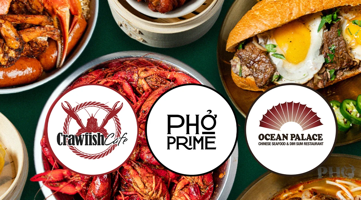 A variety of dishes from Crawfish Cafe, Pho Prime, and Ocean Palace.