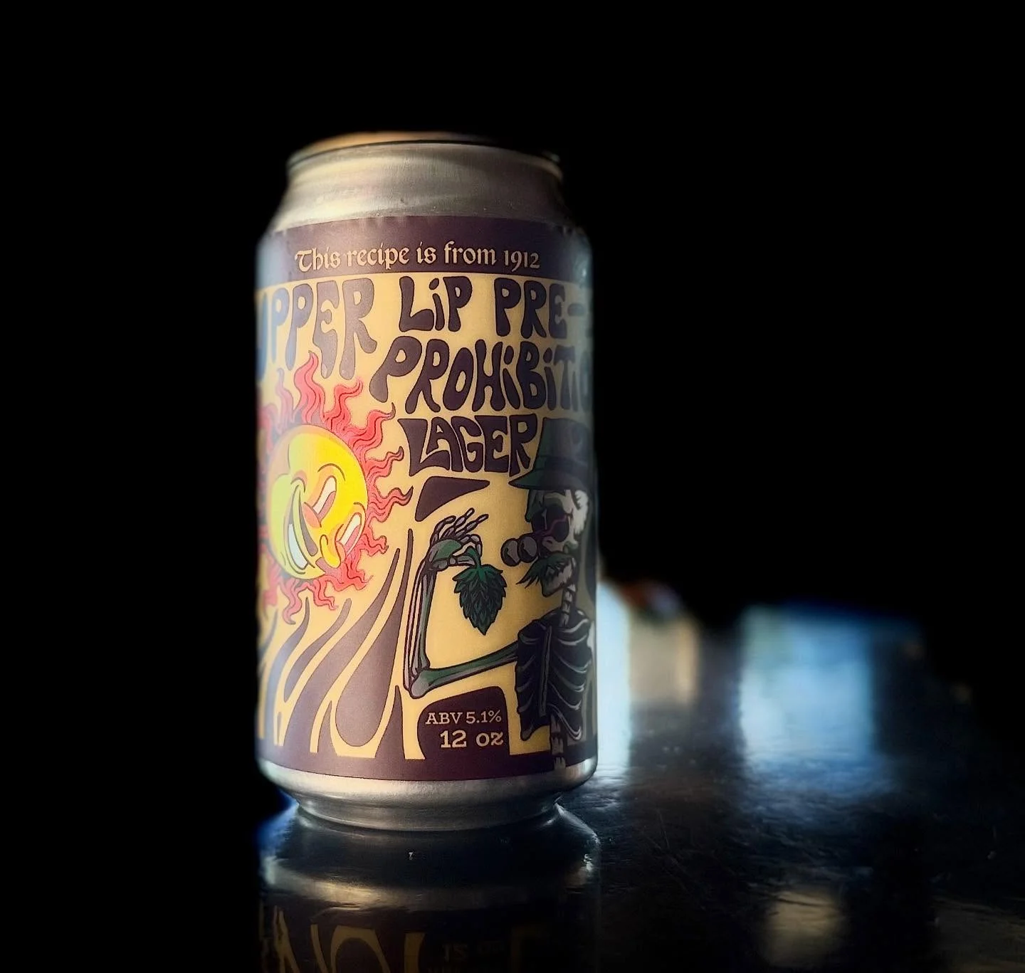 Can of Upper Lip Pre-Prohibition Lager with colorful artwork