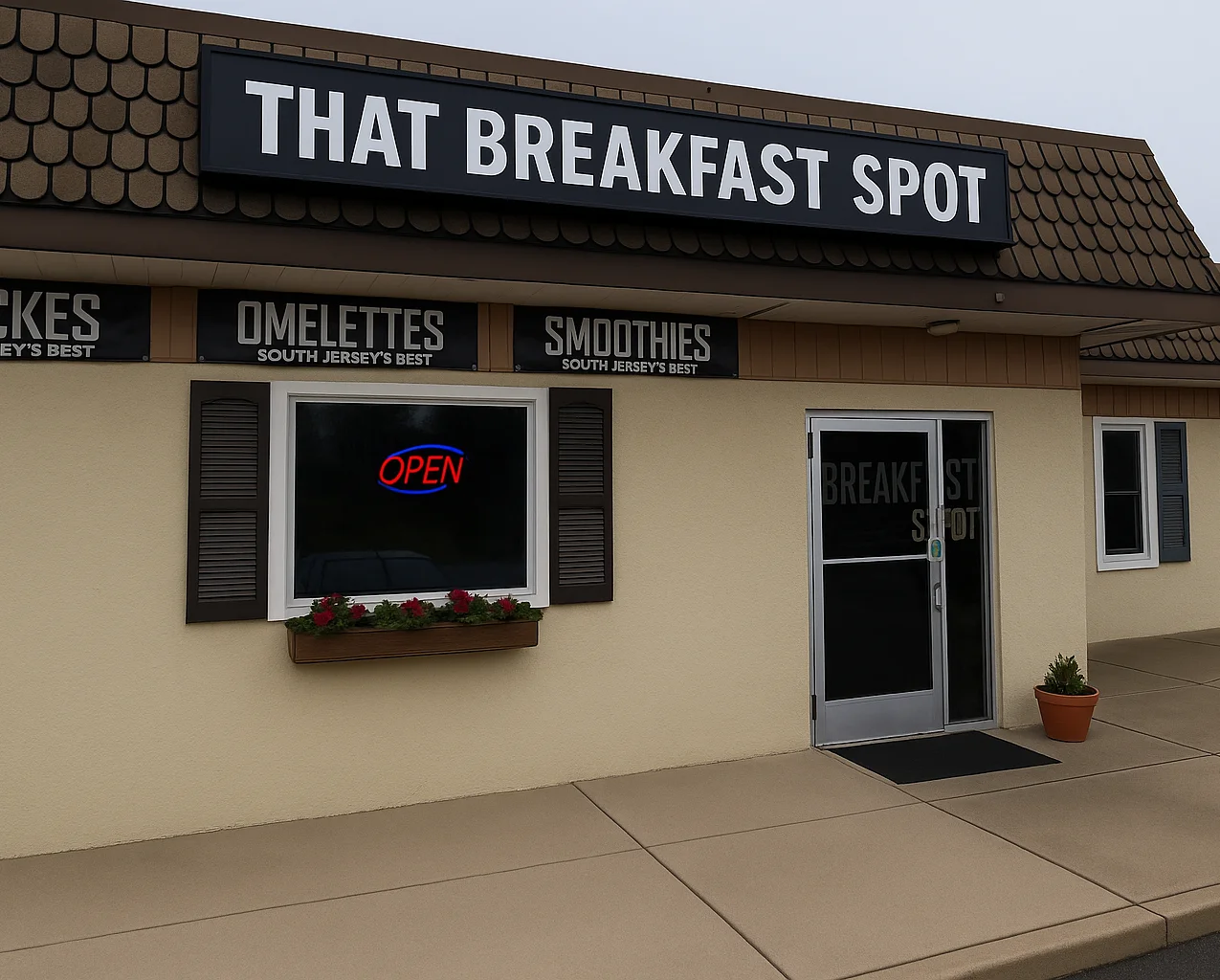Exterior view of That Breakfast Spot restaurant with open sign
