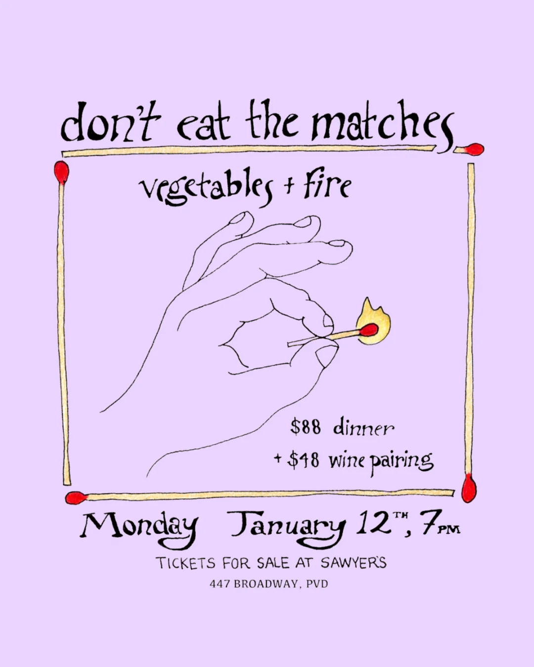 Promotional poster for a unique dining event featuring vegetables and fire