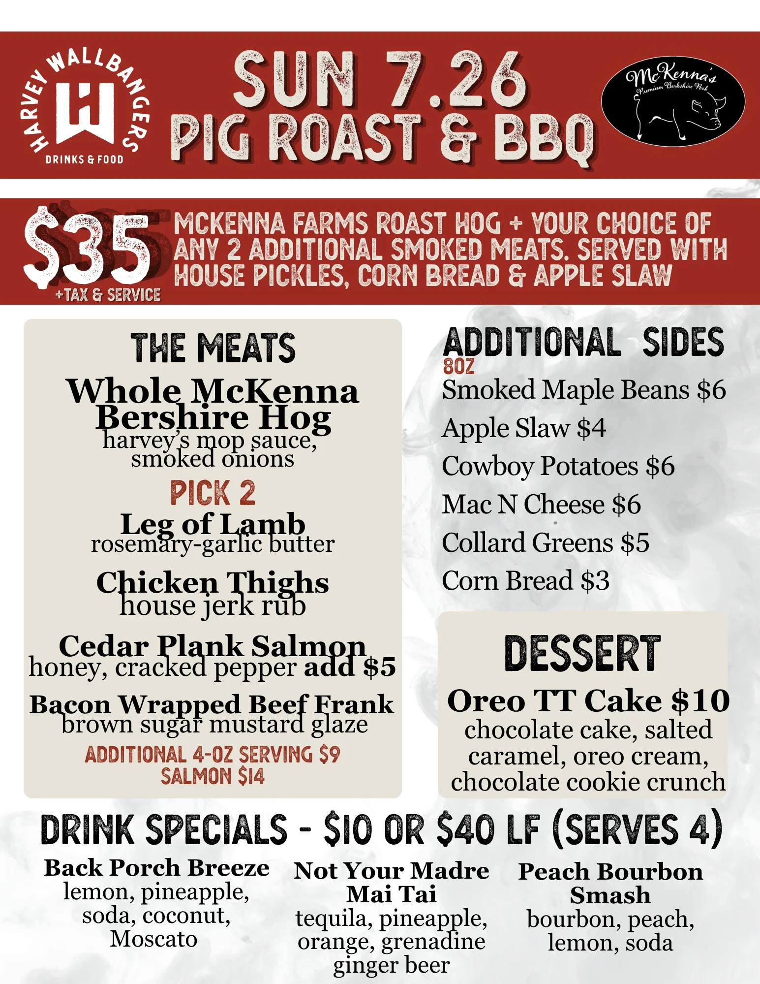 Sunday BBQ pig roast event with smoked meats and sides