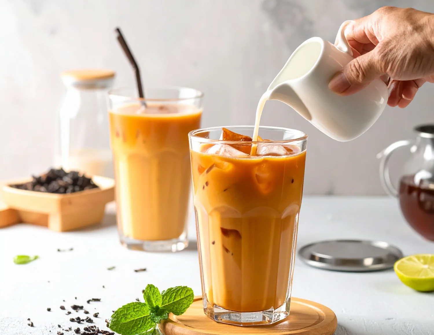 A close-up of a glass of dark drink with a straw, alongside a small plate with a cake, on a wooden table.
