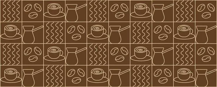 Stylized coffee-themed pattern with cups and beans