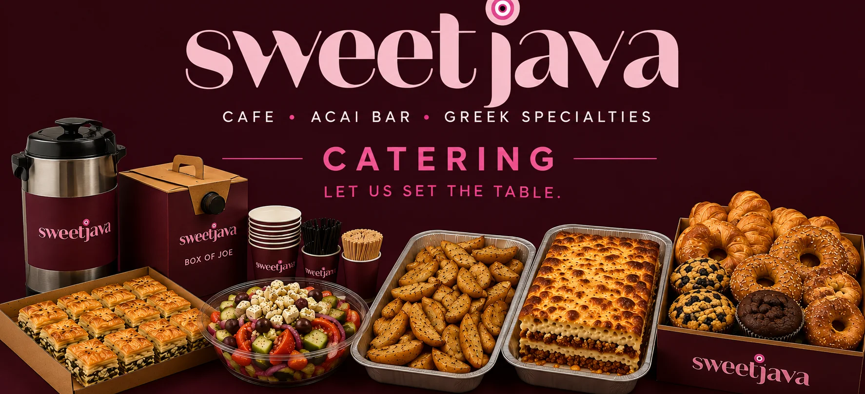 Catering spread with wraps, salads, and coffee from Sweet Java