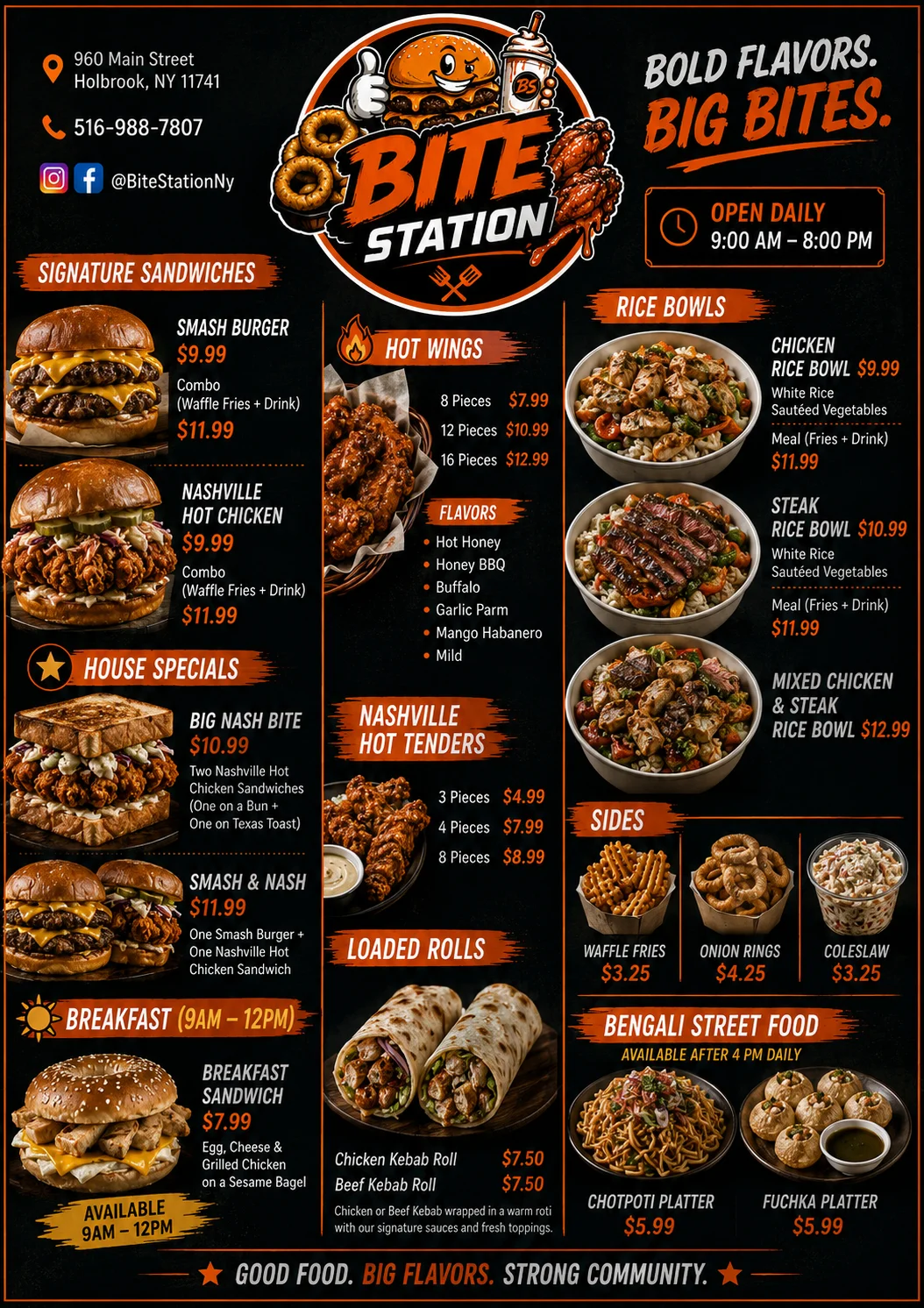 A menu showcasing a variety of food items including sandwiches, wings, rice bowls, and sides within a vibrant graphic layout.