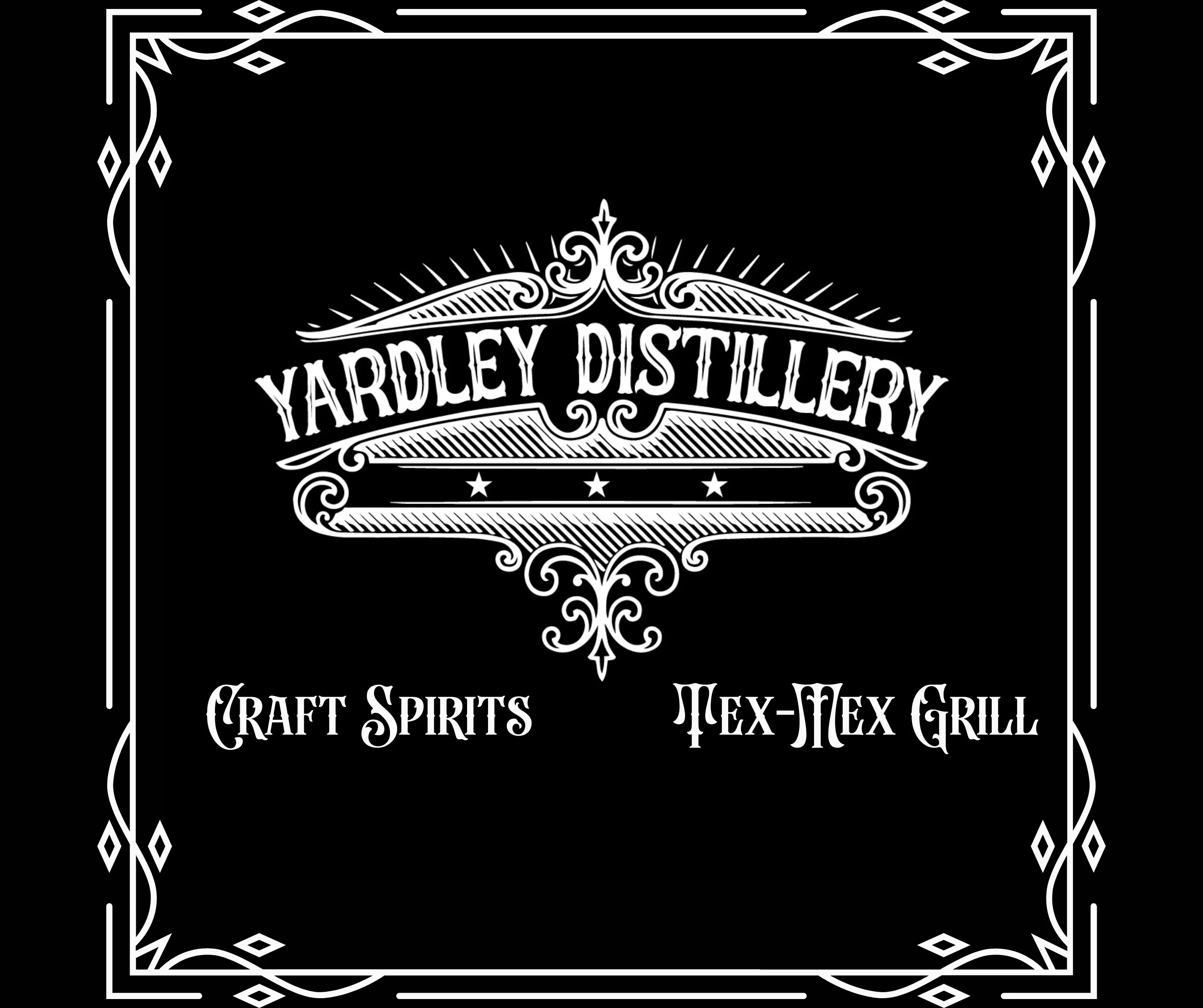 Yardley Distillery logo featuring craft spirits and Tex-Mex grill
