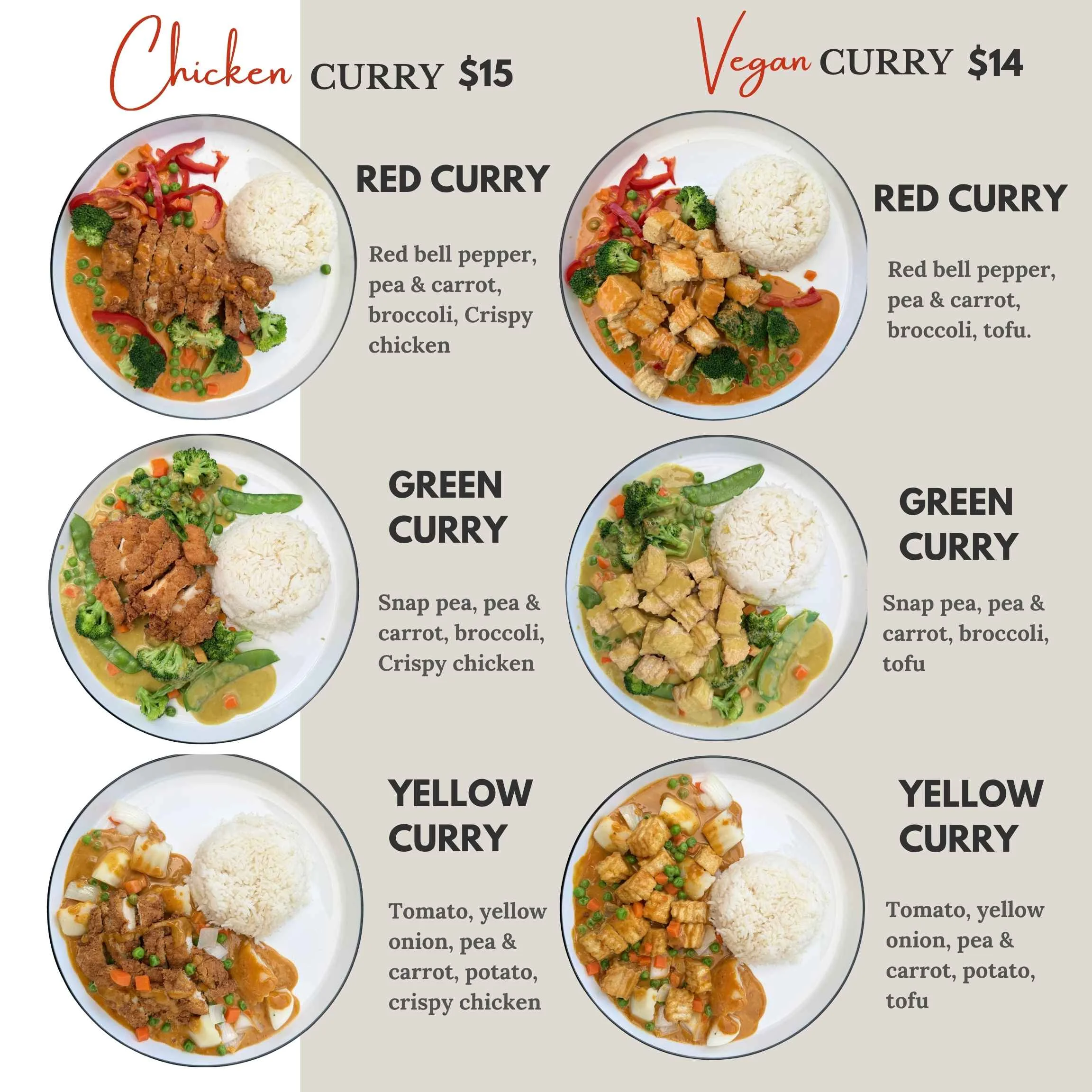 Colorful Thai curry dishes with chicken and tofu served with rice