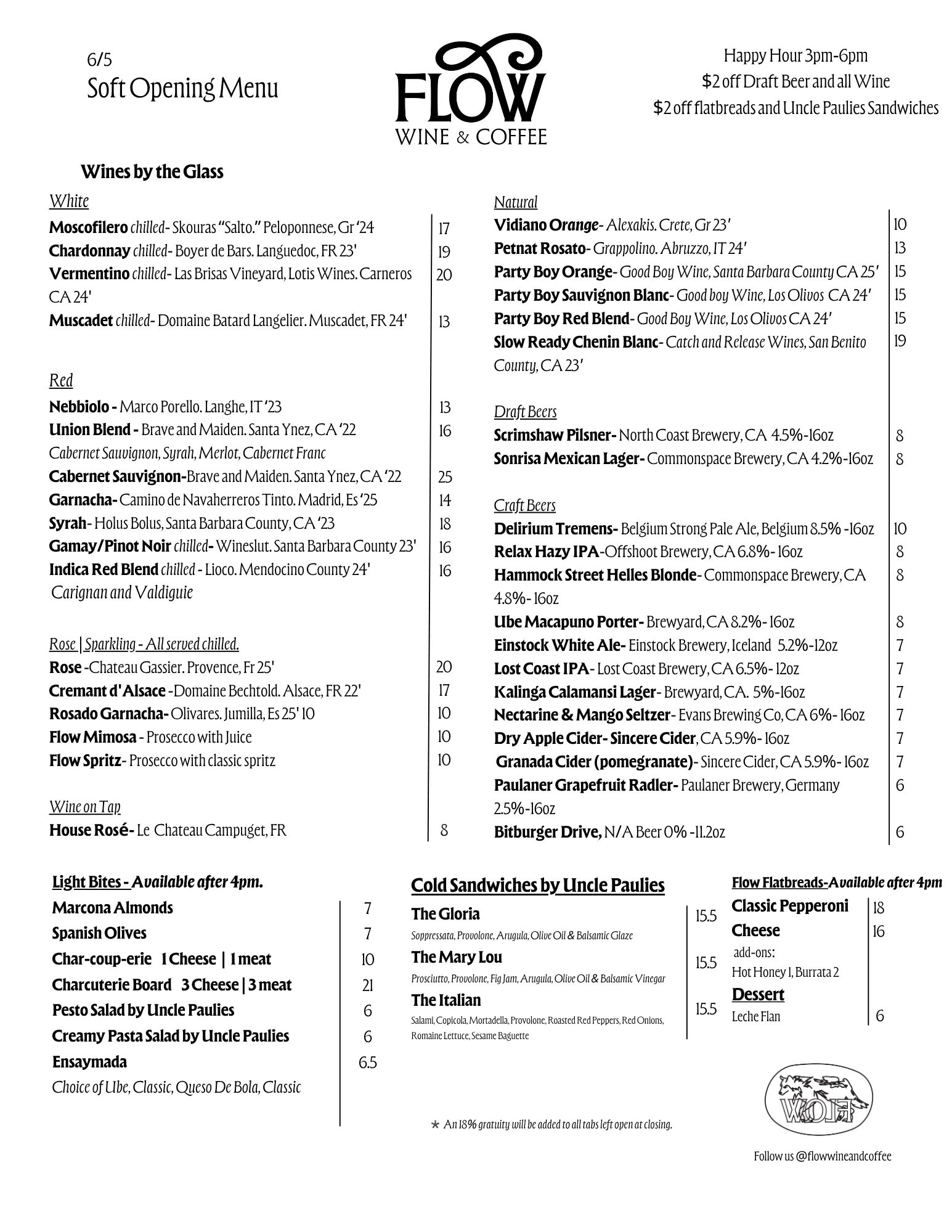 Wine and coffee menu featuring diverse selections and light bites